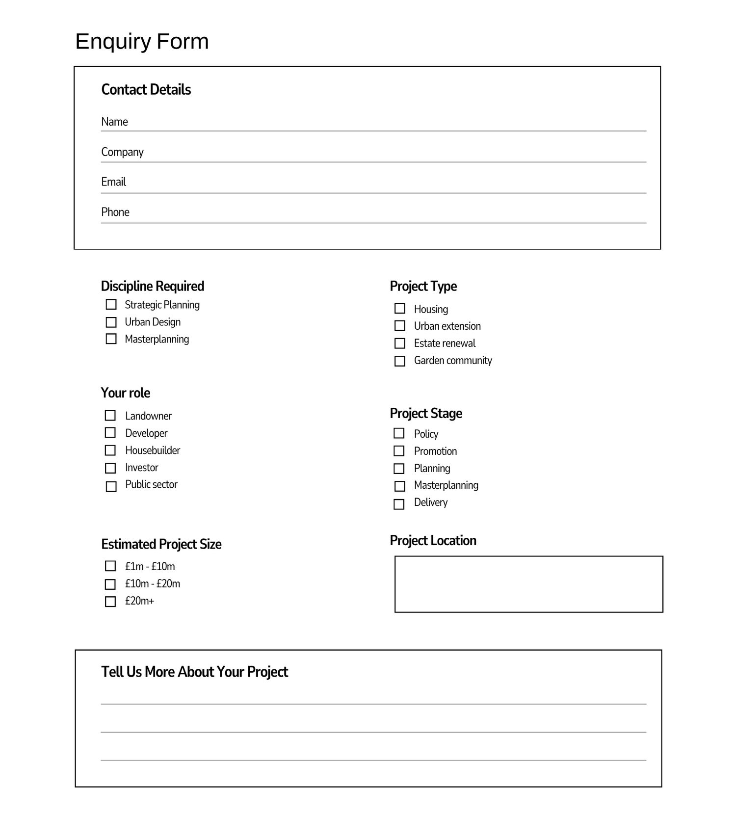 Enquiry form template with contact details, discipline required, project type, role, stage, size, and location fields.