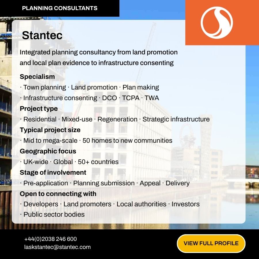 Stantec planning consultants ad showcasing integrated planning consultancy services, specialisms, project types, and contact details.