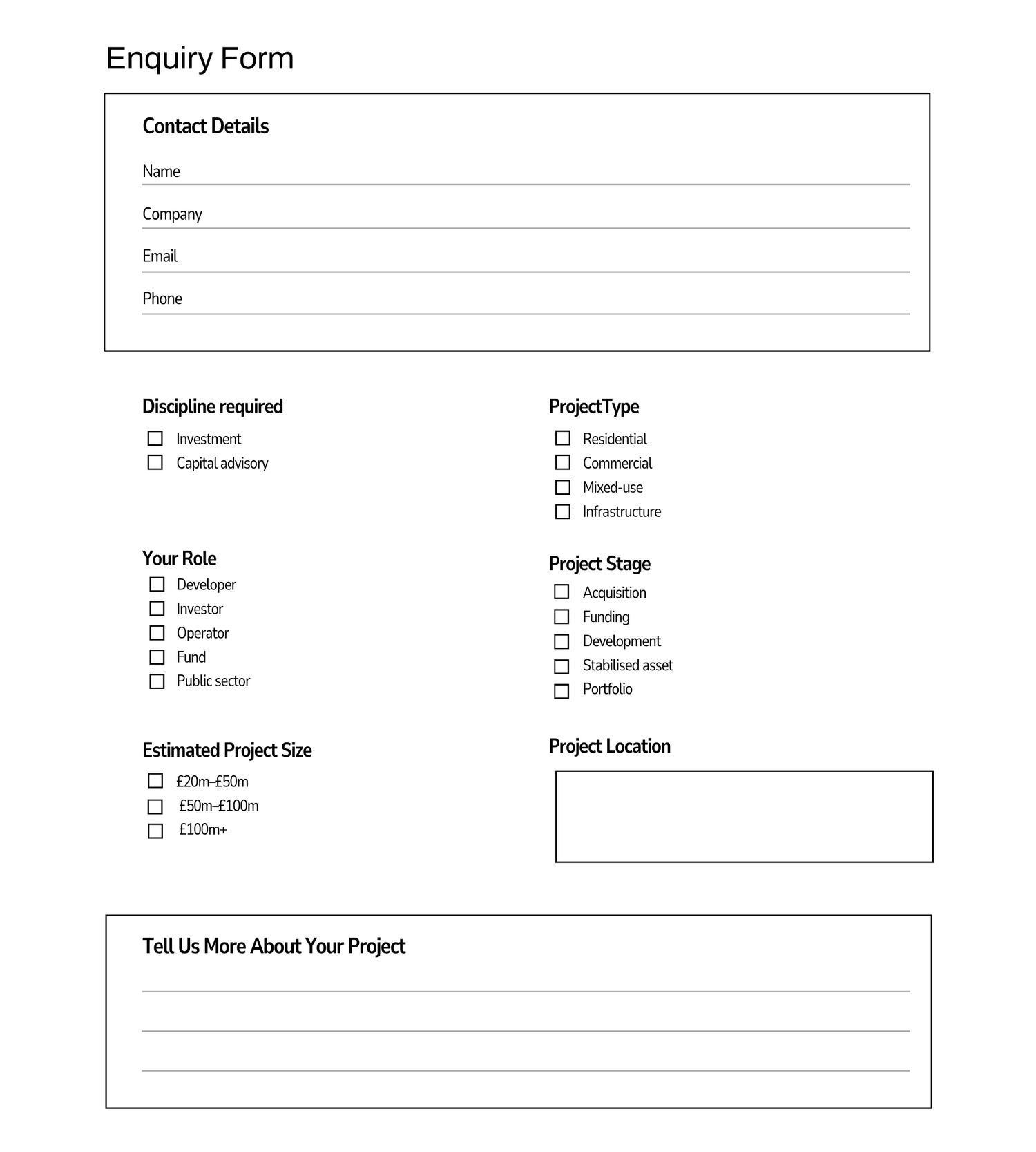 A professional enquiry form with fields for contact details, discipline, project type, role, stage, size, and location.