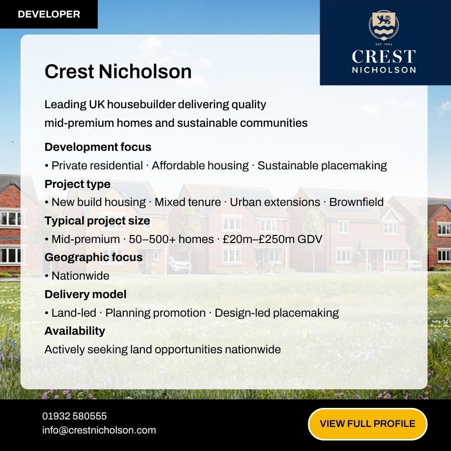Crest Nicholson developer profile card highlighting UK housebuilder focus on mid-premium homes and sustainable communities.