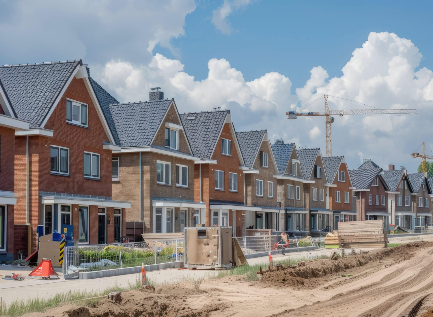 New brick townhouses under construction in a residential development with a crane and blue sky backdrop.