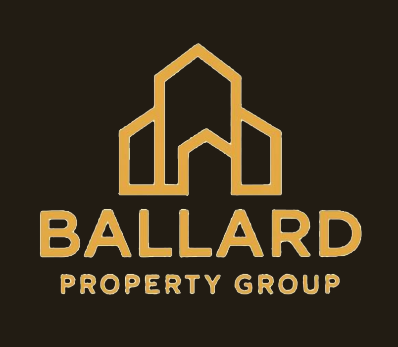 Ballard Property Group logo featuring golden house icons and bold typography on a dark brown background.