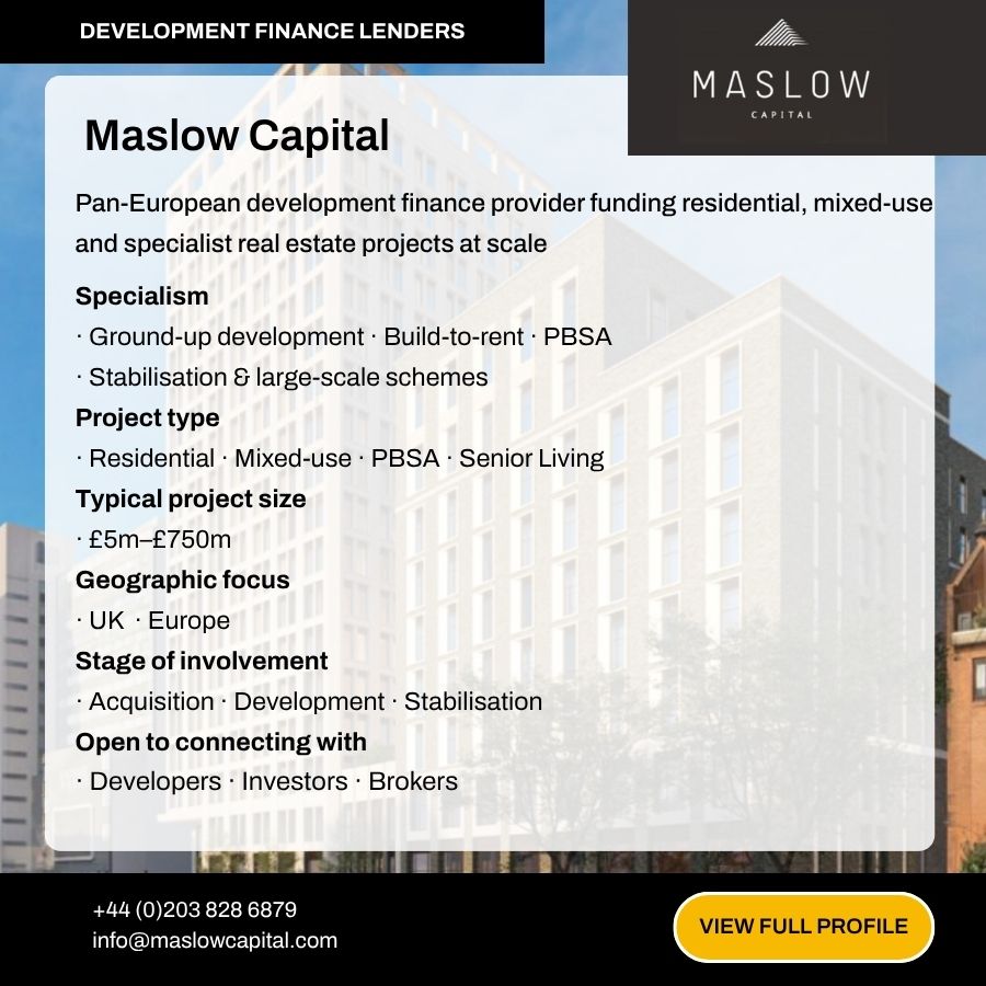 Maslow Capital development finance lender profile card showing specialisms, project types, and contact details for UK and Europe funding.
