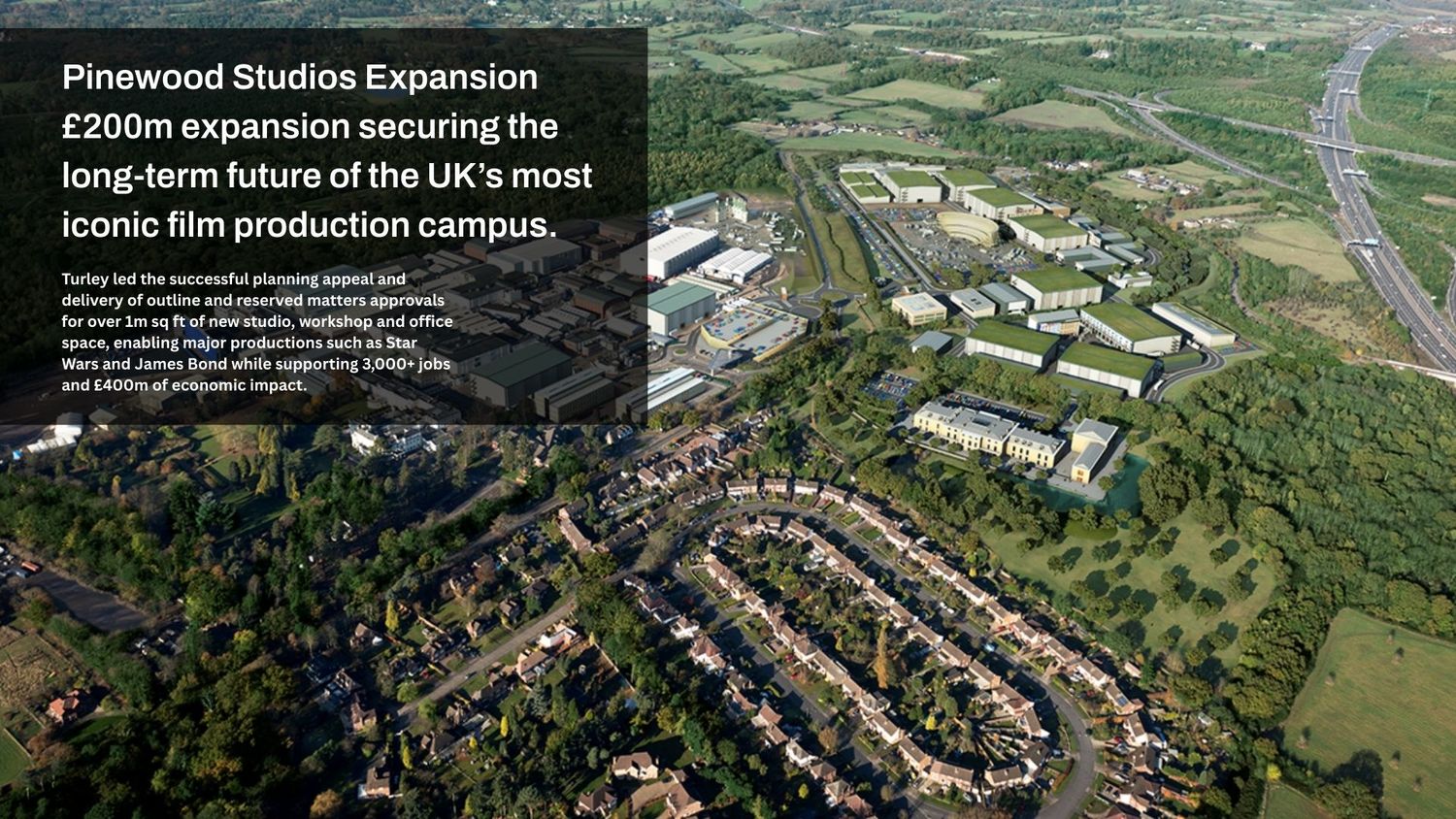 Aerial view of Pinewood Studios film production complex showing buildings and surrounding green landscape in England.