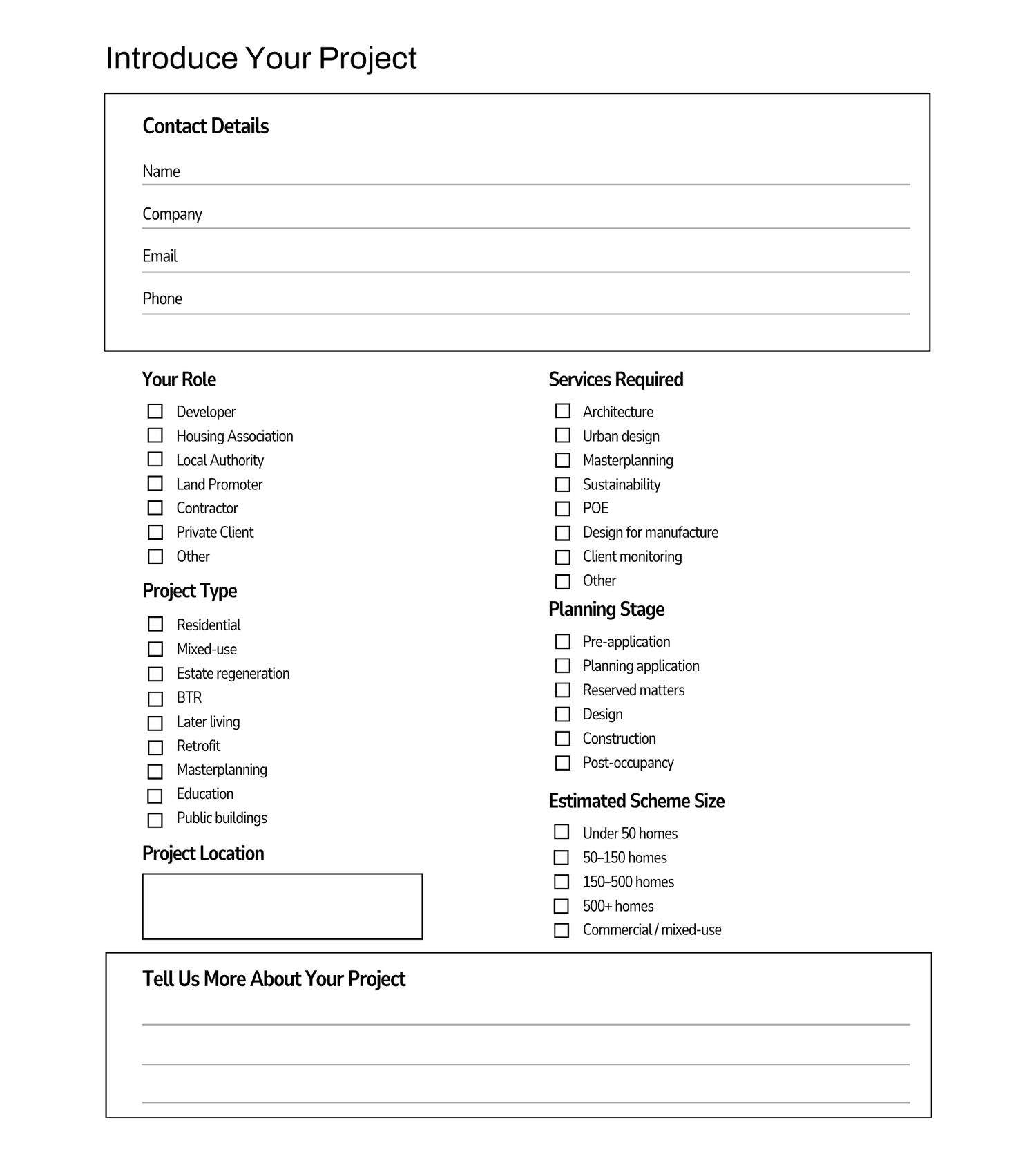 Project introduction form with contact details, role checkboxes, project type, location, services required, planning stage, and size fields.