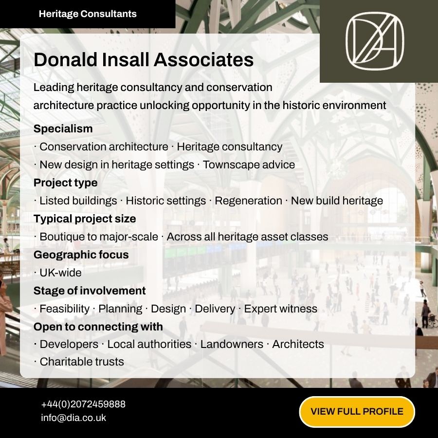 Donald Insall Associates heritage consultancy profile card showing services, project types, and contact details.