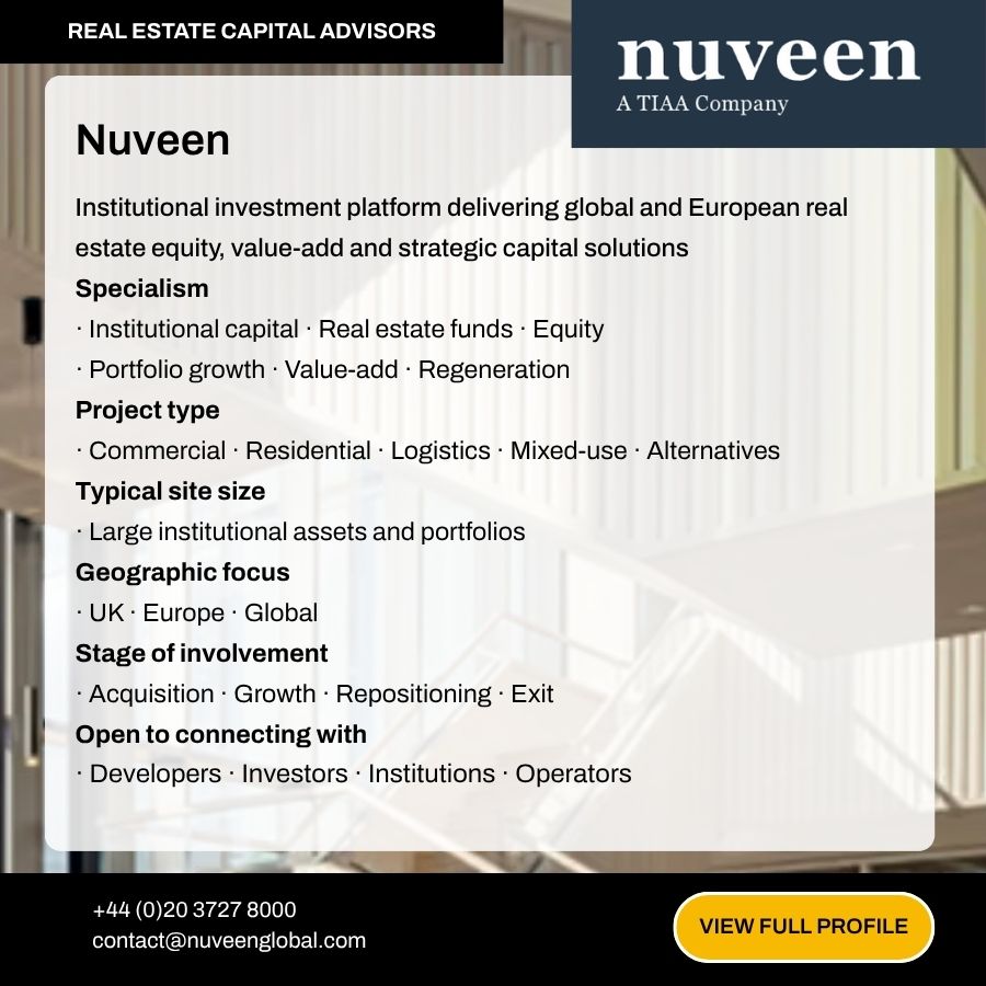 Nuveen real estate capital advisors profile card showing investment specialisms, project types, and geographic focus areas.