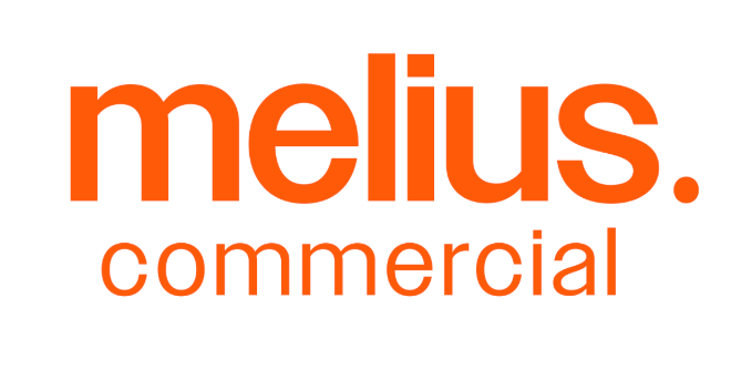 Melius Commercial logo featuring bold orange lowercase text with a period, and the word commercial in smaller orange sans-serif font below.