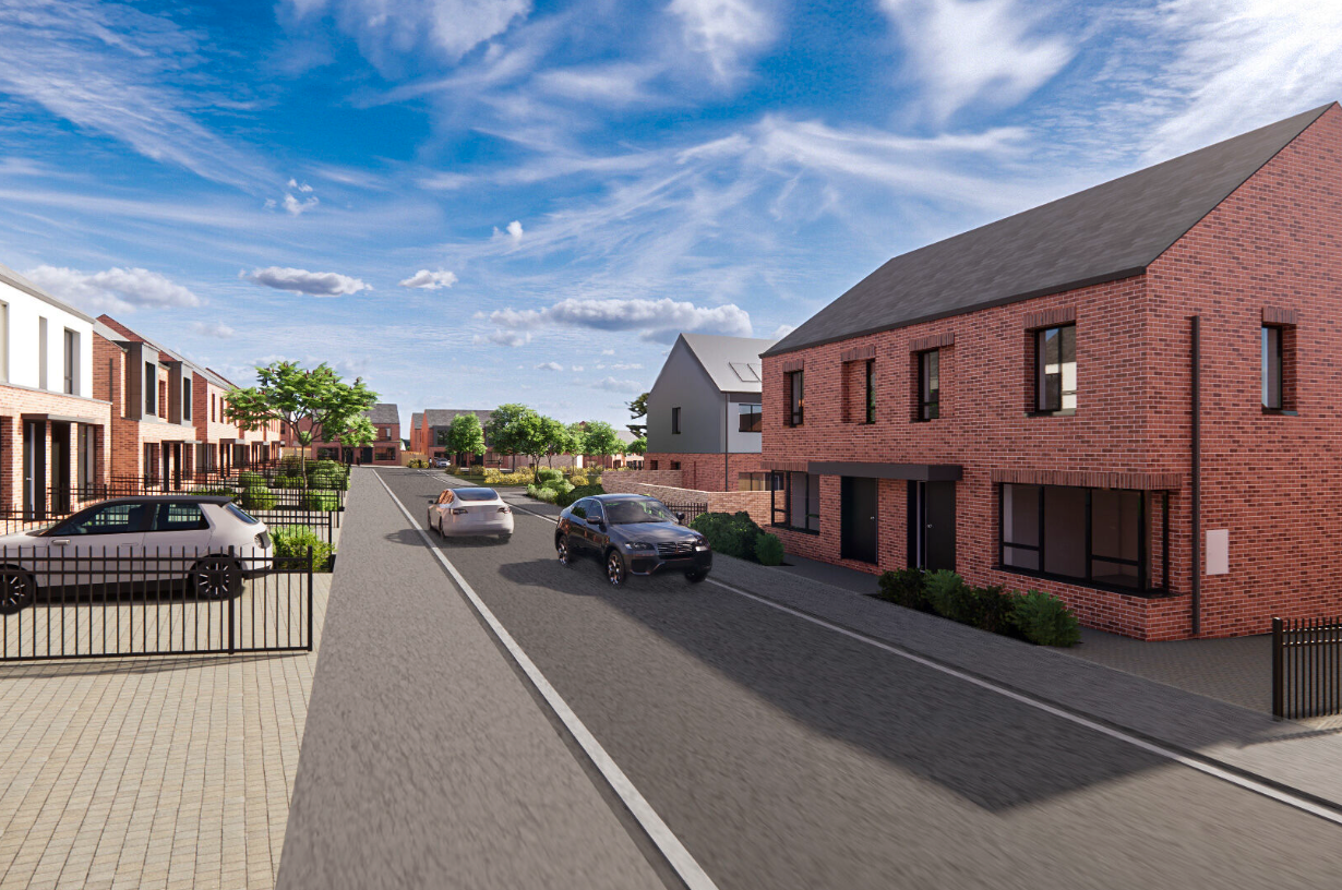 Modern brick residential street with new-build homes, parked cars, and a bright blue sky in a UK housing development.