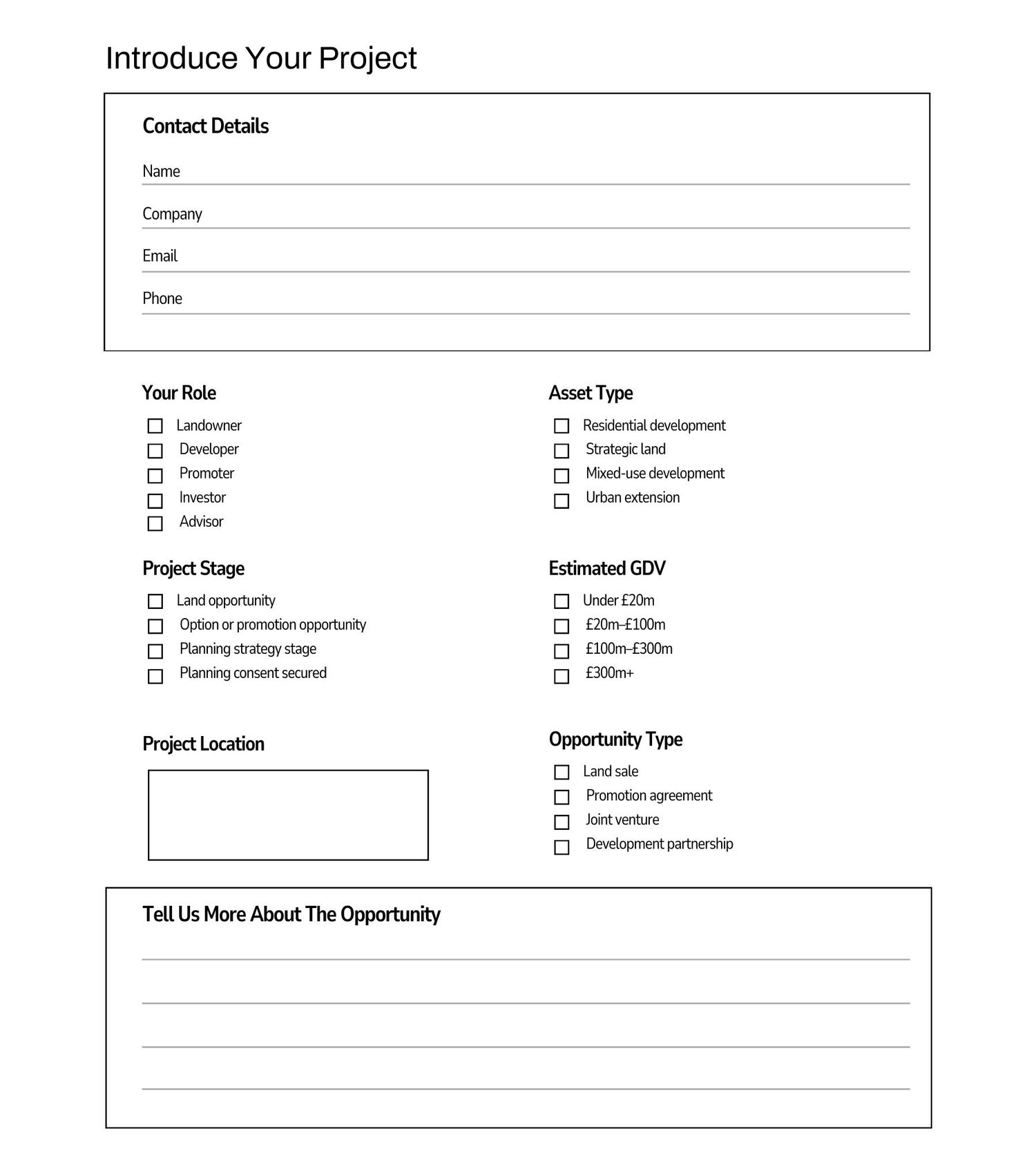 A form template showing input fields for project details including contact information and opportunity type.