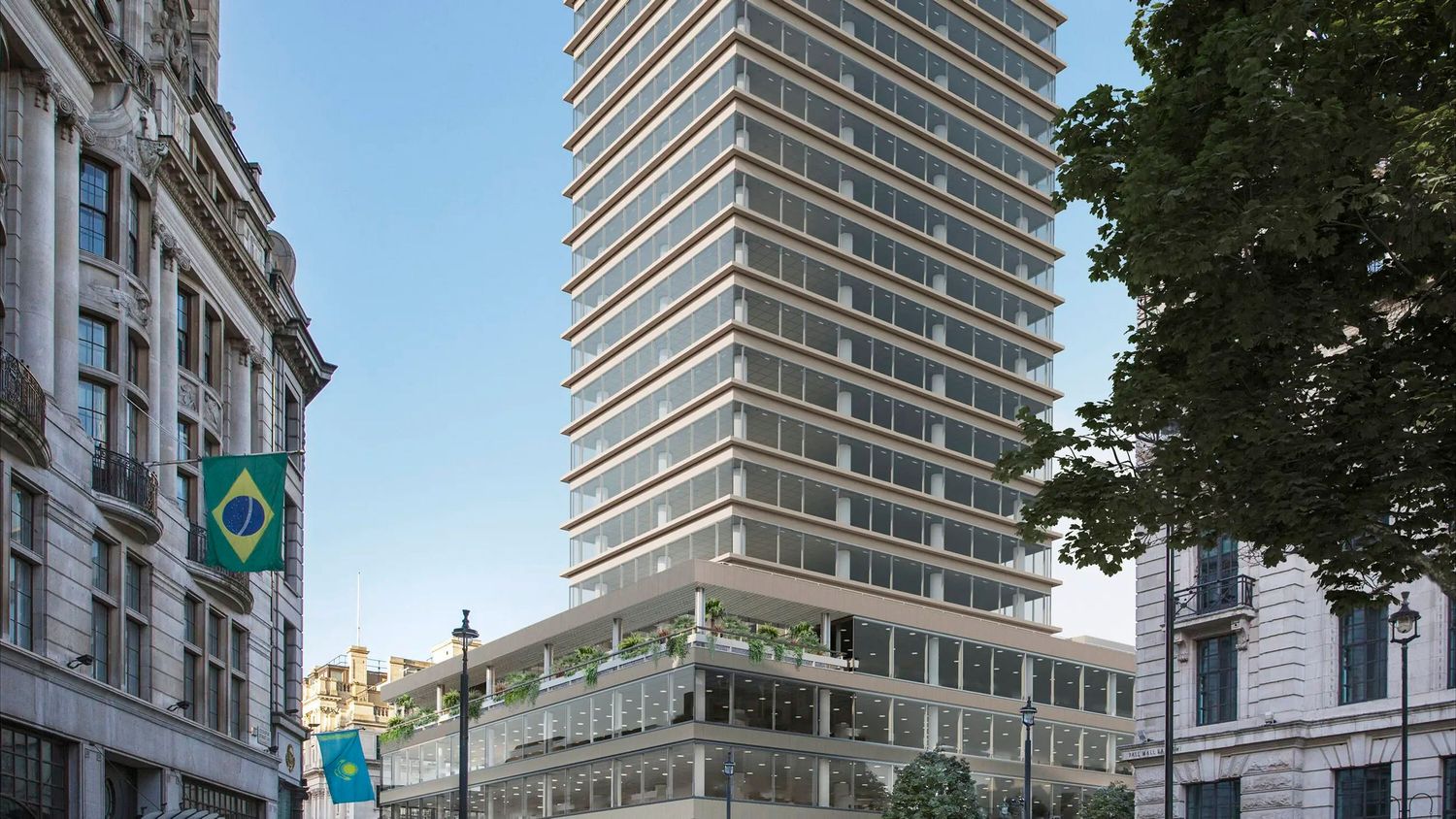 Modern glass skyscraper tower rising above historic London buildings with a Brazilian flag visible on street level.