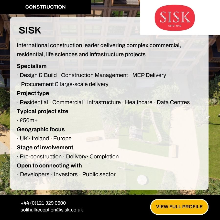 SISK Construction company profile card highlighting specialisms, project types, and geographic focus across UK, Ireland, and Europe.