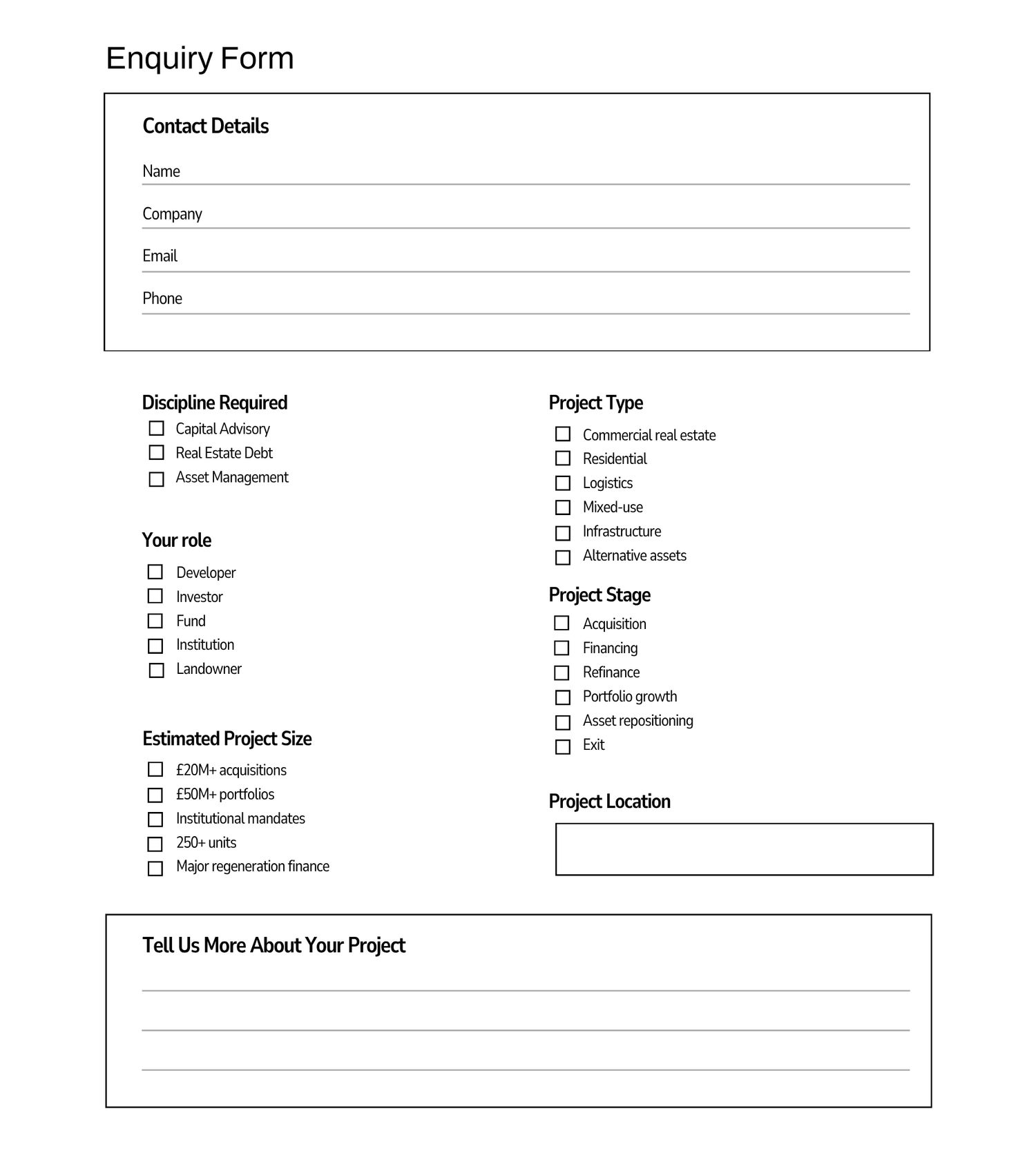 Professional real estate enquiry form with contact details, discipline, project type, stage, and location fields.