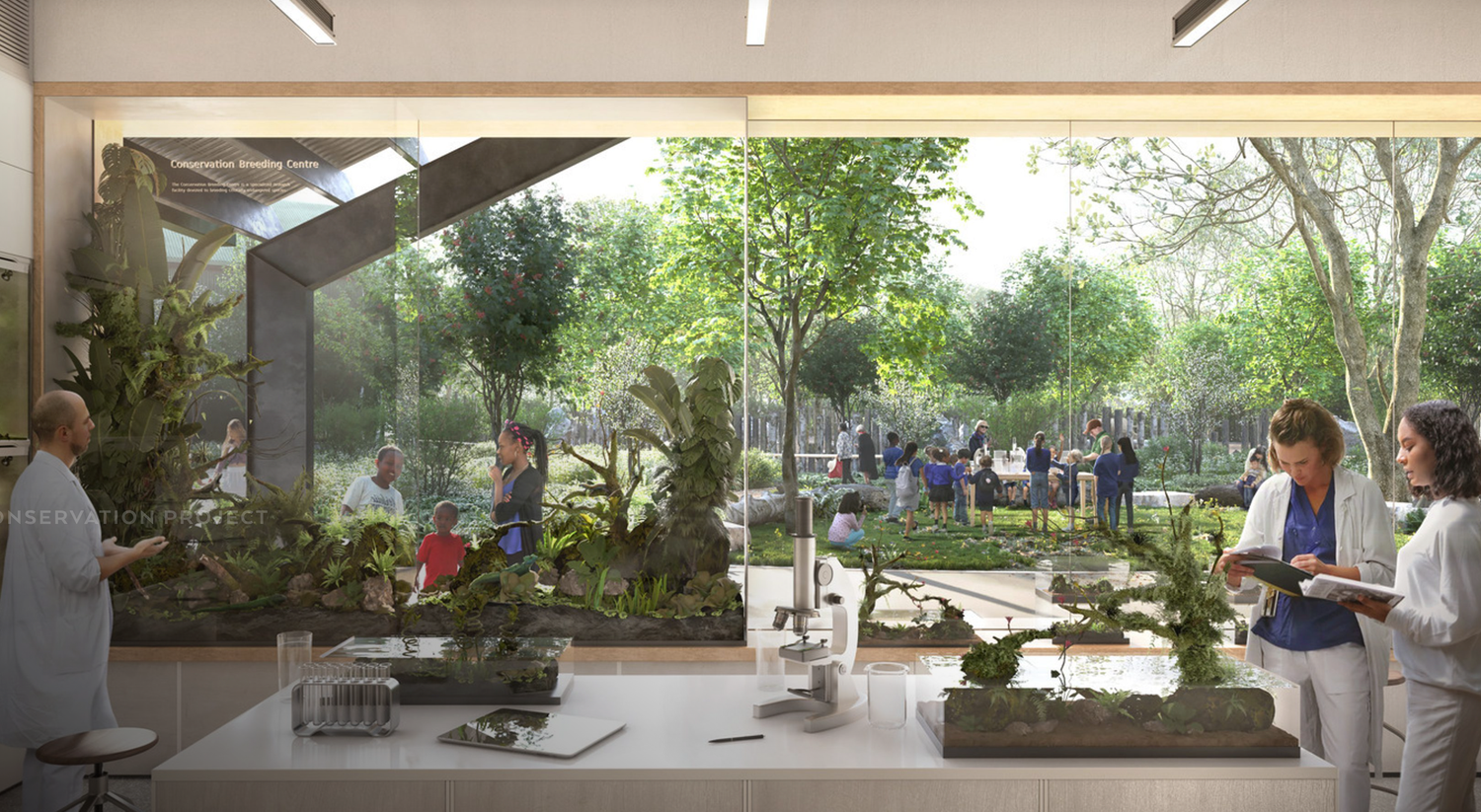 Modern biophilic workspace with floor-to-ceiling glass walls, lush indoor plants, and an outdoor garden gathering area.