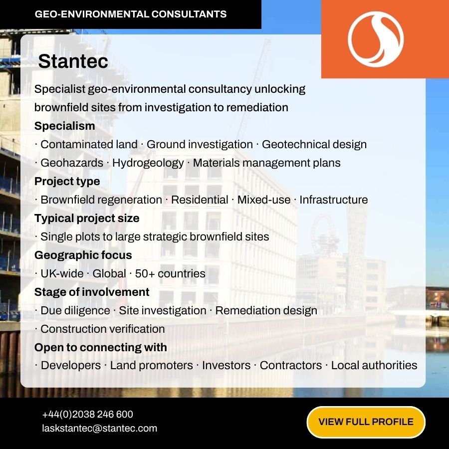 Stantec geo-environmental consultants profile card showing specialisms, project types, and contact details for brownfield site remediation.
