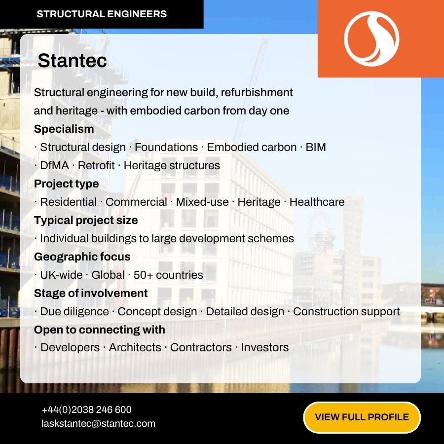 Stantec structural engineers company profile card detailing specialisms, project types, and contact information.