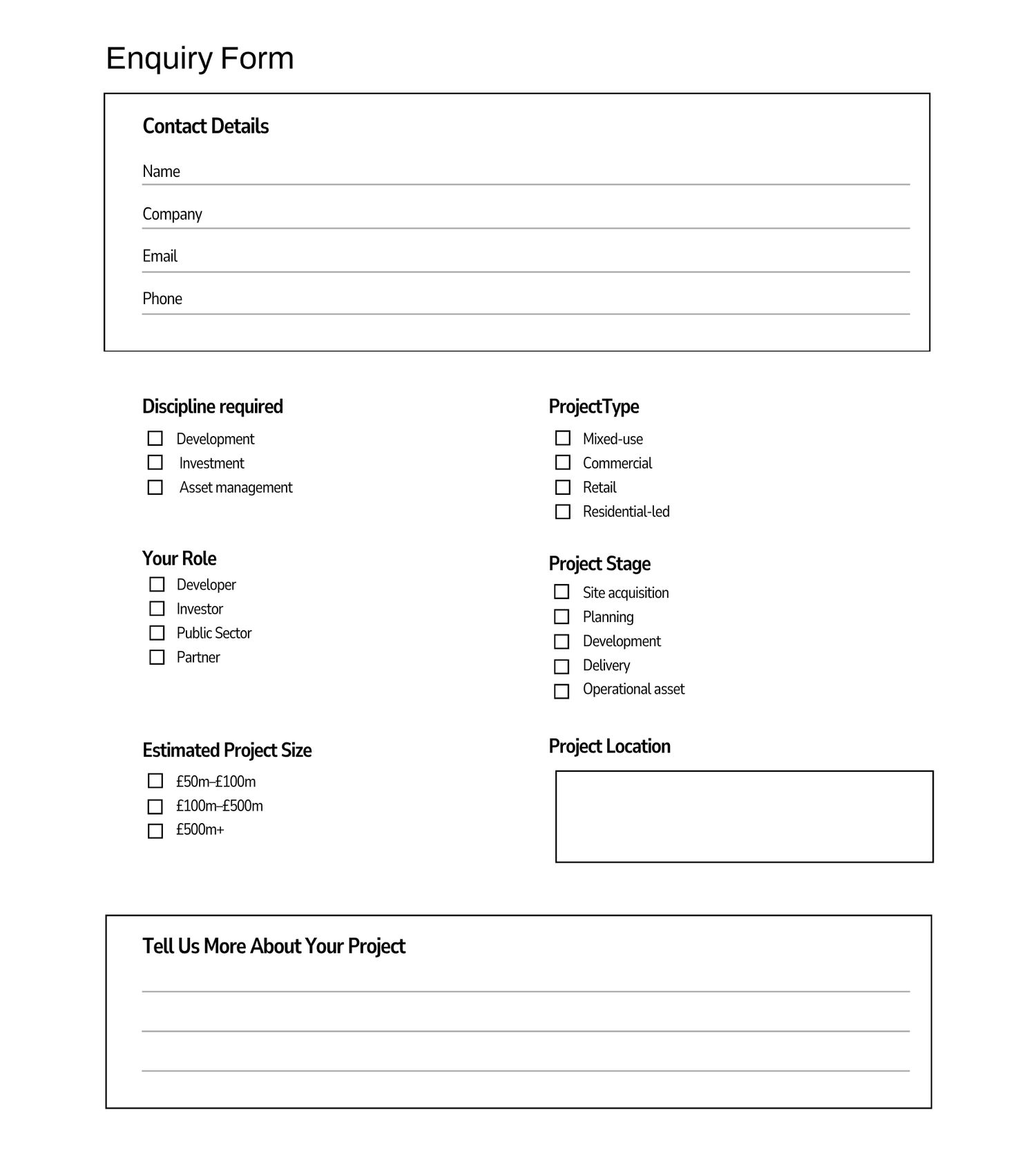 A professional enquiry form with contact details, discipline, project type, role, stage, size, and location fields.