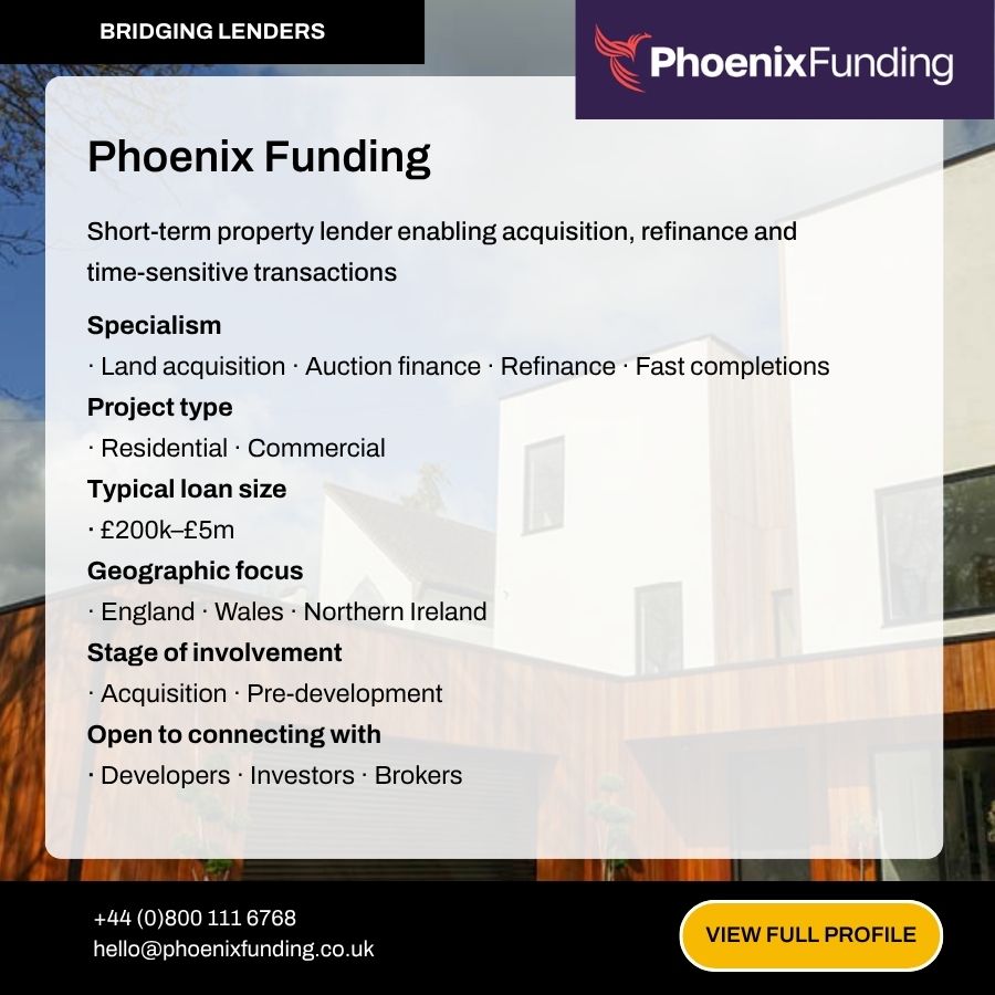 Phoenix Funding bridging lender profile card showing loan services for residential and commercial property acquisition in England.