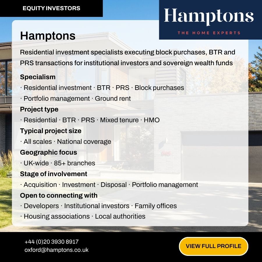 Hamptons equity investors profile card detailing residential investment services, BTR, PRS, and block purchases for institutional investors.