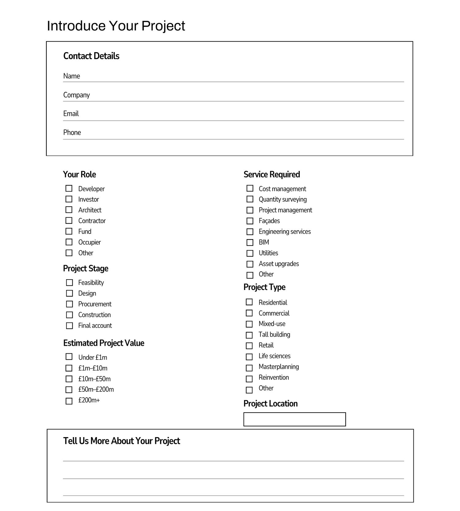 Project introduction form with contact details, role checkboxes, service required, project stage, type, value, and location fields.