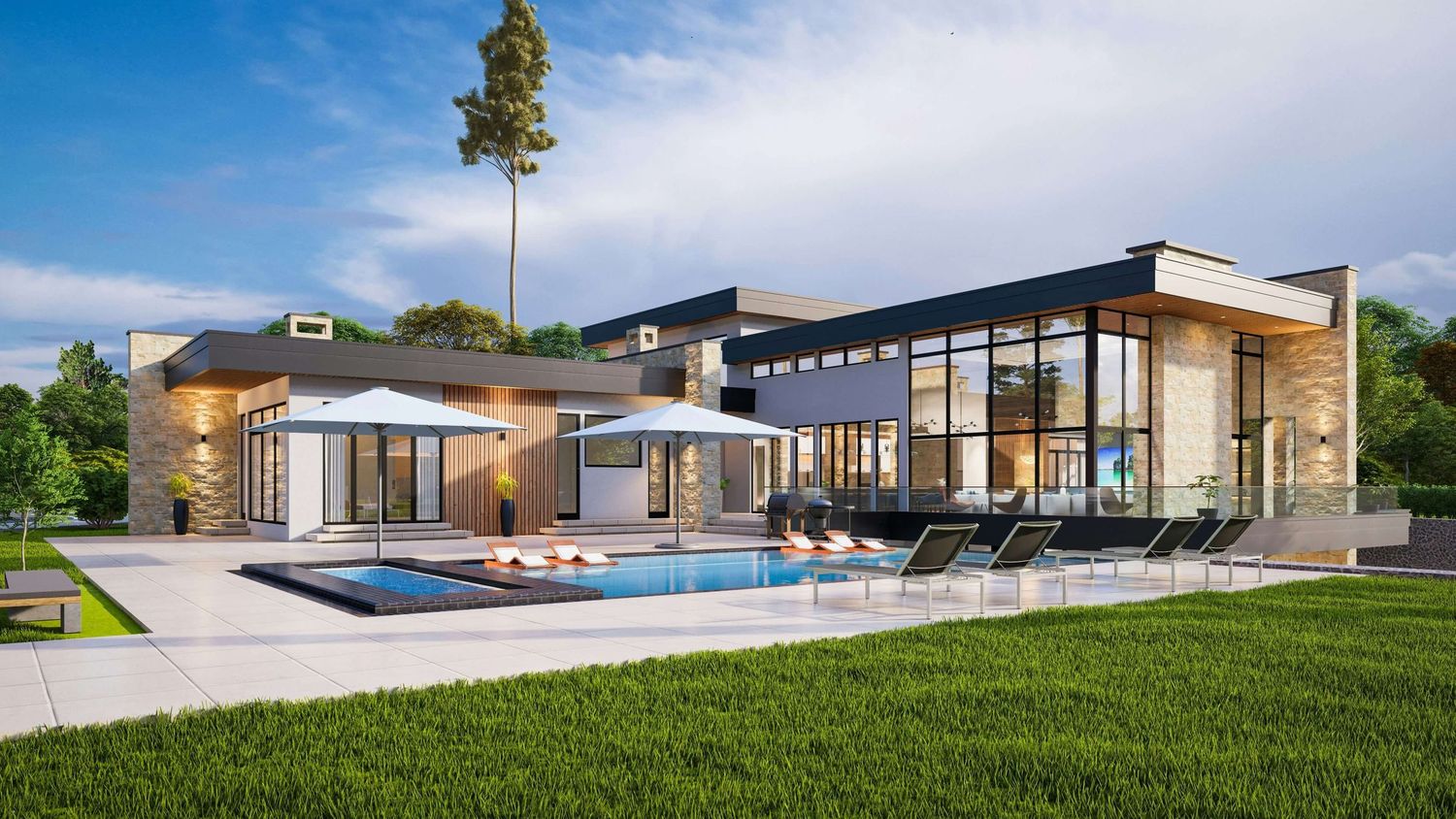 Modern luxury home with pool, lounge chairs, floor-to-ceiling windows, and lush green lawn at dusk.