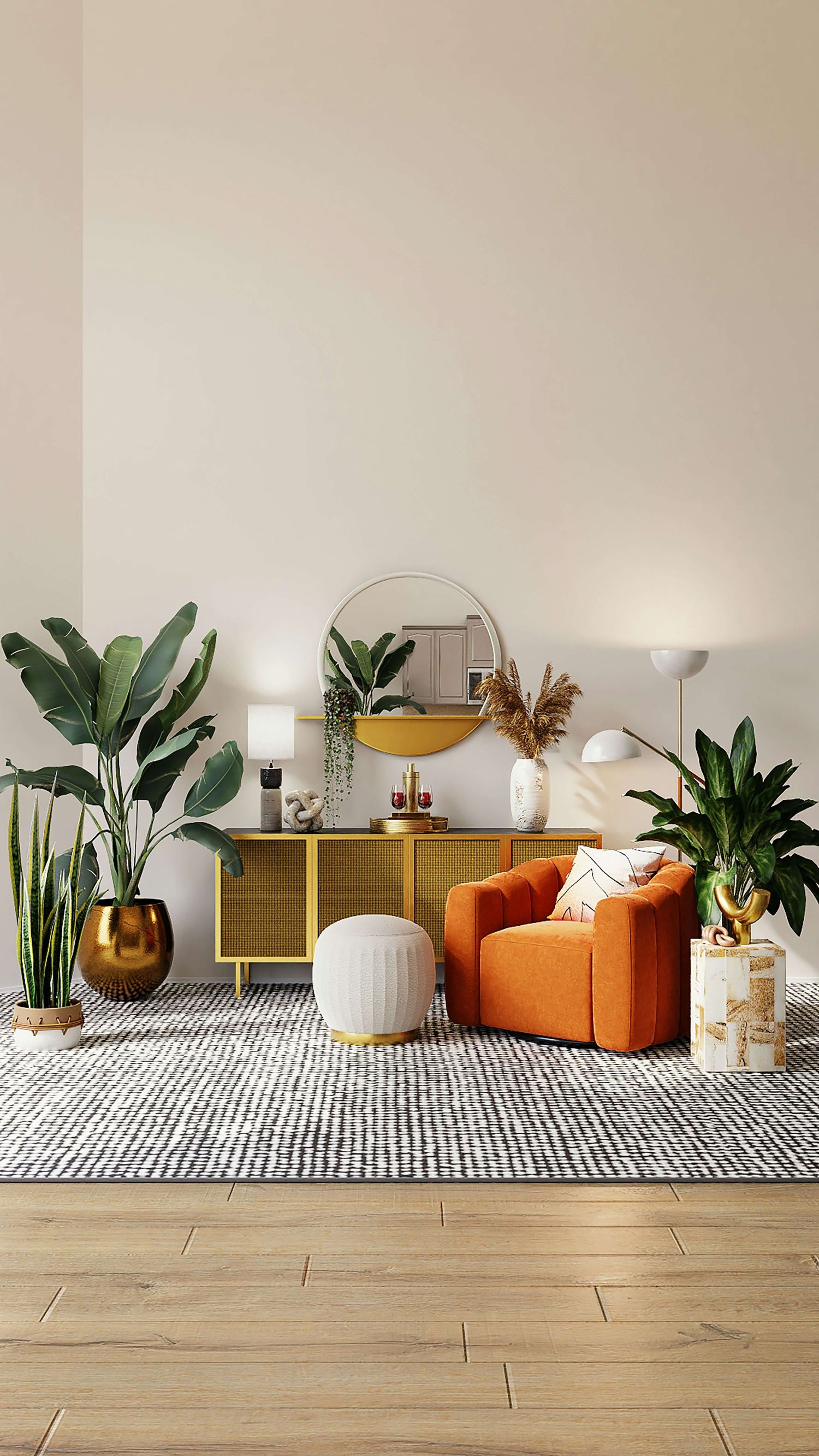 Modern living room with orange armchair, wooden sideboard, round mirror, white pouf, and tropical plants on a gray rug.