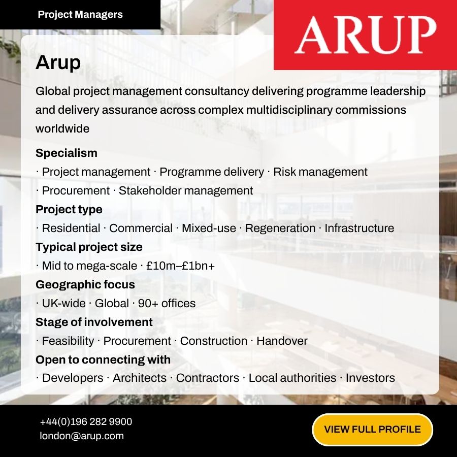 Arup project management consultancy profile card showing specialisms, project types, and contact details for global infrastructure services.