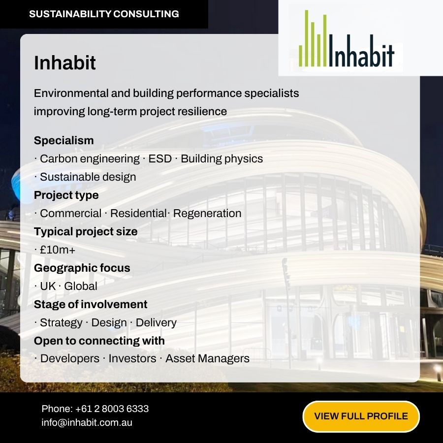 Inhabit sustainability consulting firm profile card showing specialisms, project types, and contact details.