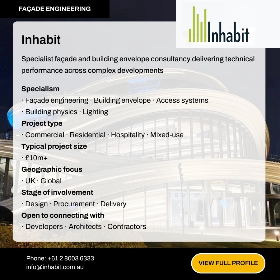 Inhabit facade engineering consultancy profile card showing specialisms, project types, and contact details with building image.