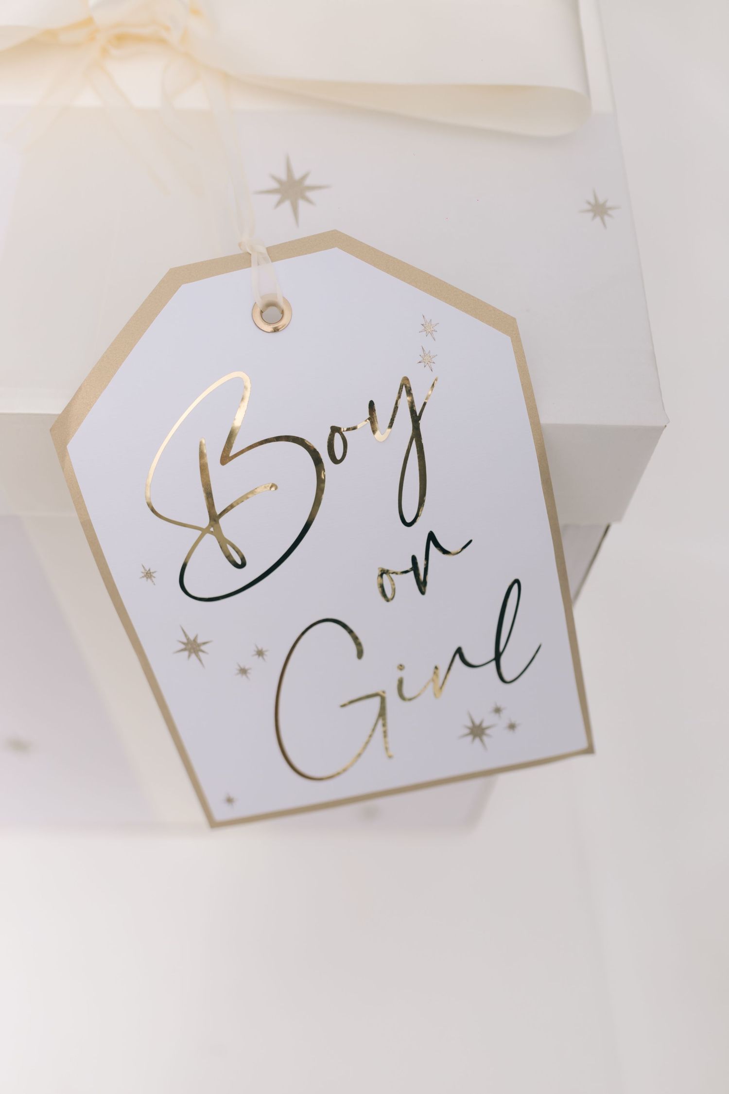 Decorative gold and white card with elegant cursive text and star designs.