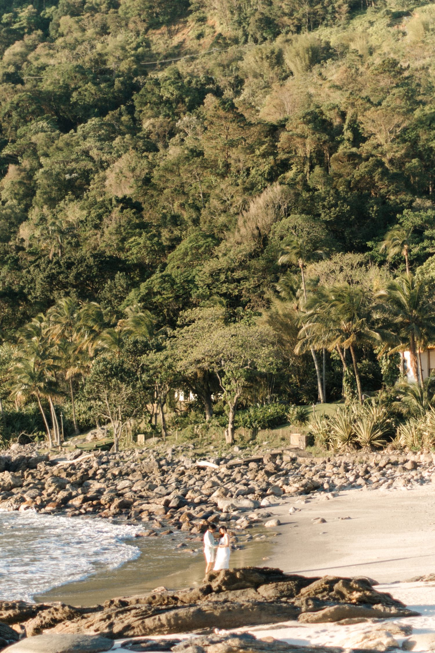 A panoramic view of a tropical beach with palm trees and rocky coastline during sunset.