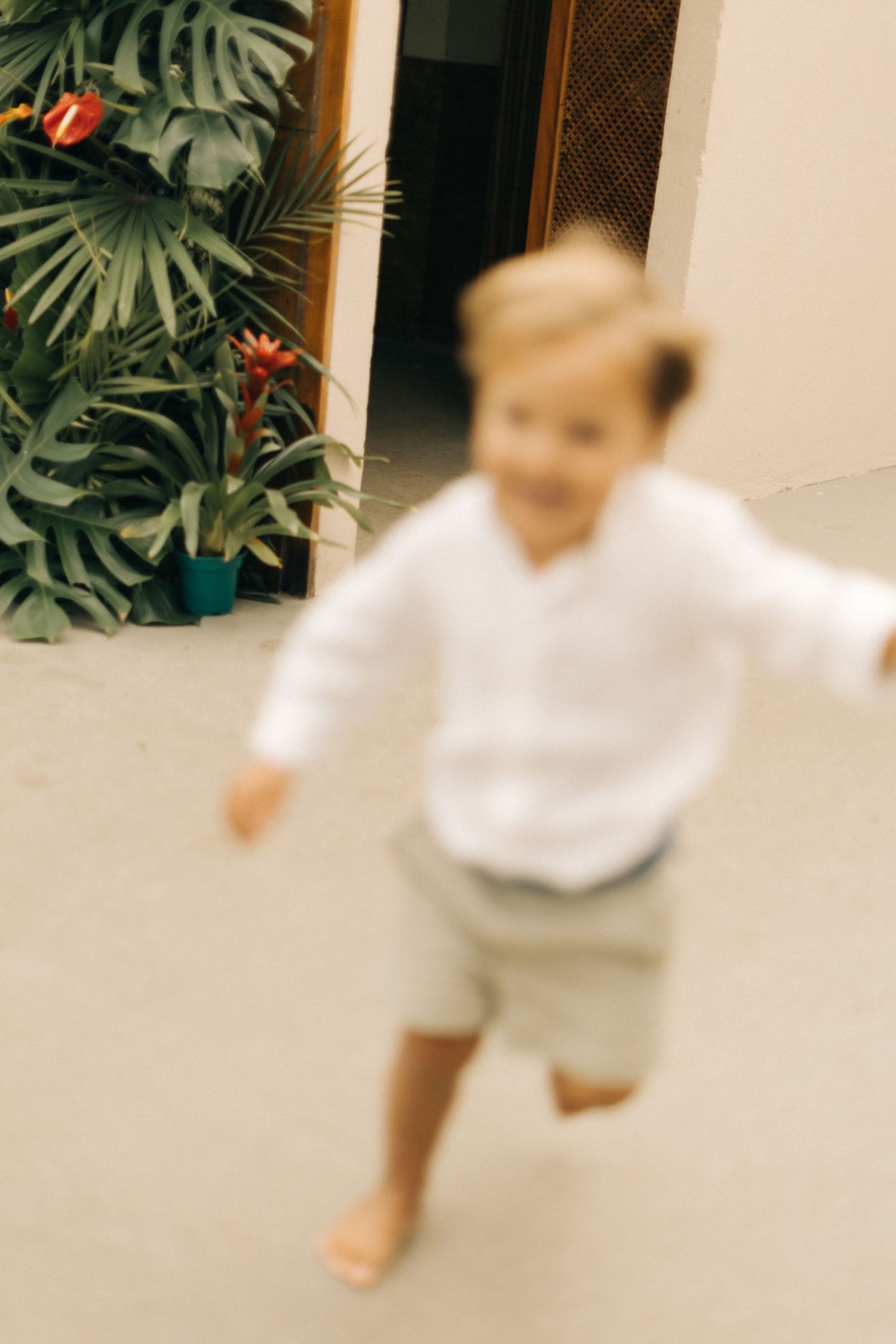A blurred motion shot of someone in white clothing moving near tropical plants.