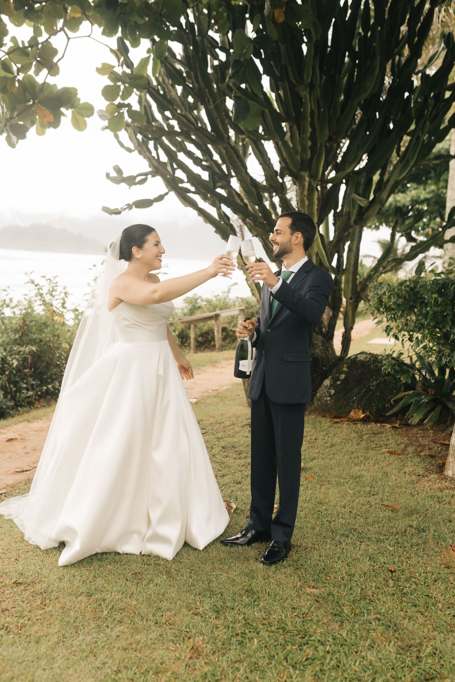 Couple toasting with champagne under a dramatic tree during their wedding celebration.