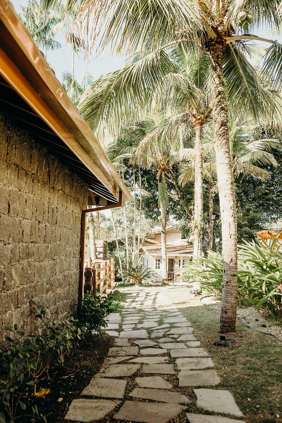 Stone pathway lined with palm trees leads to a rustic building with tropical landscaping.