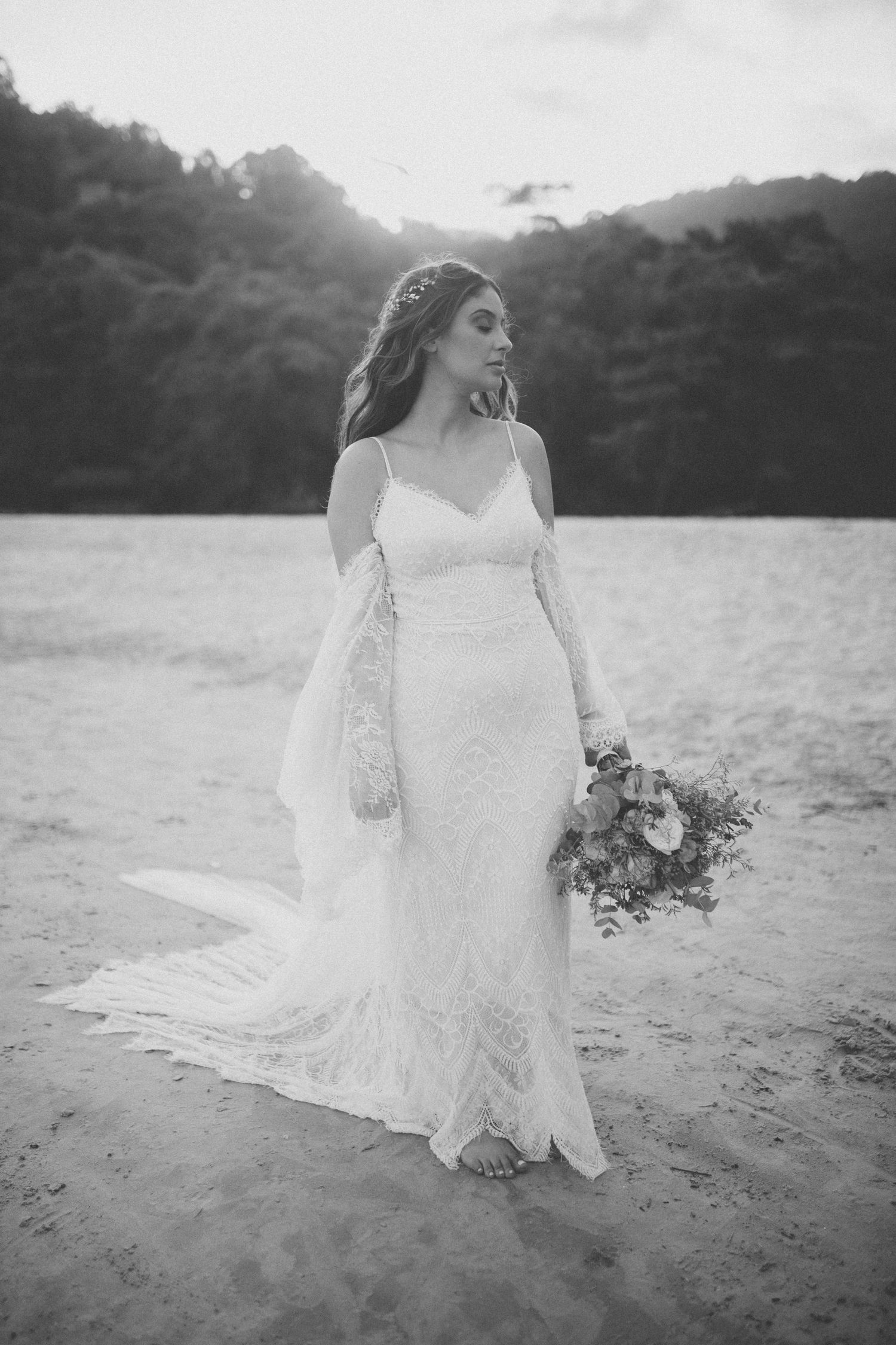 A sequence of romantic beach photos showing a flowing white lace wedding dress and bouquet against a dreamy background.