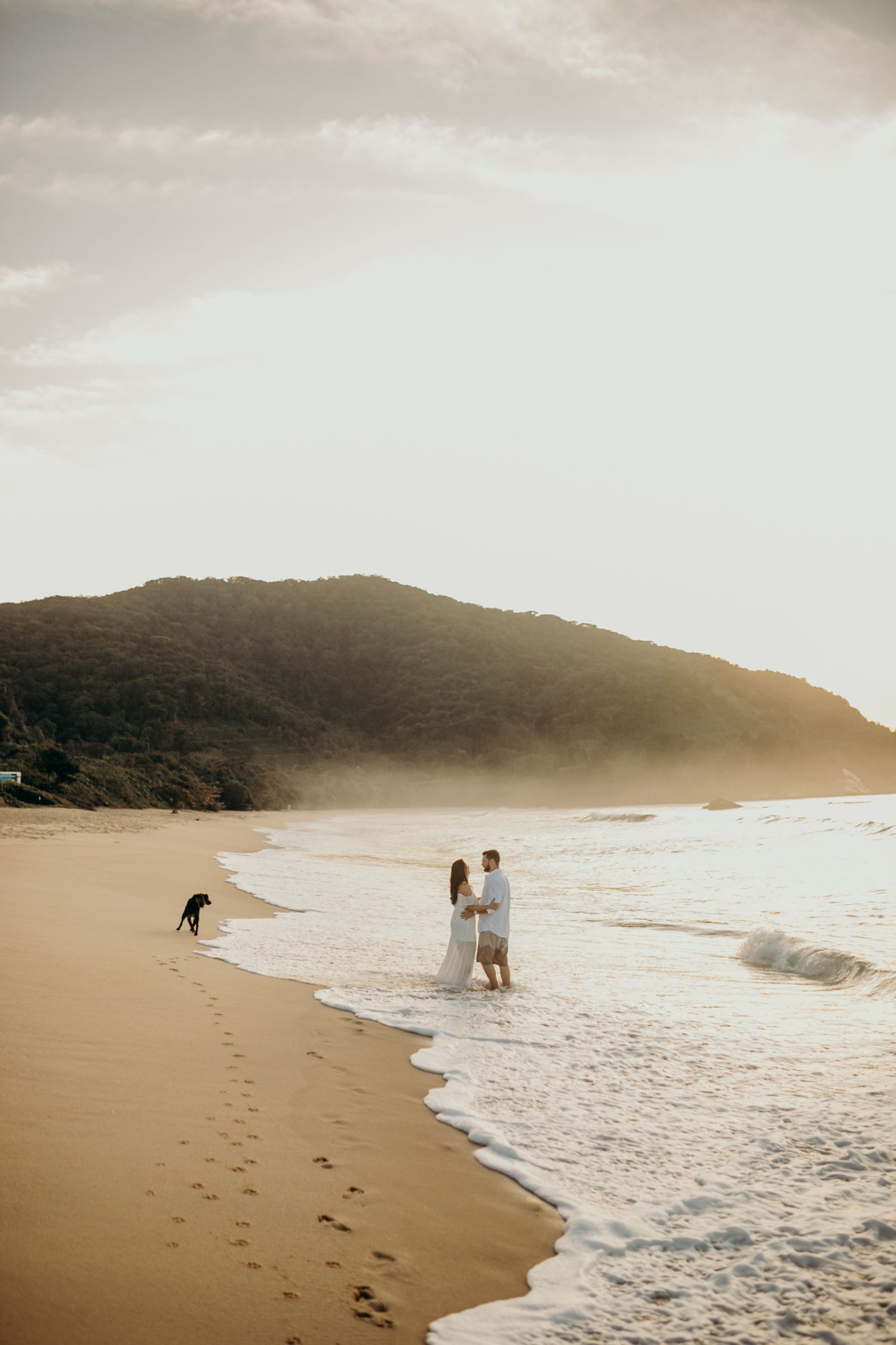 A couple and their dog walk along a misty beach at sunset with mountains in the background.