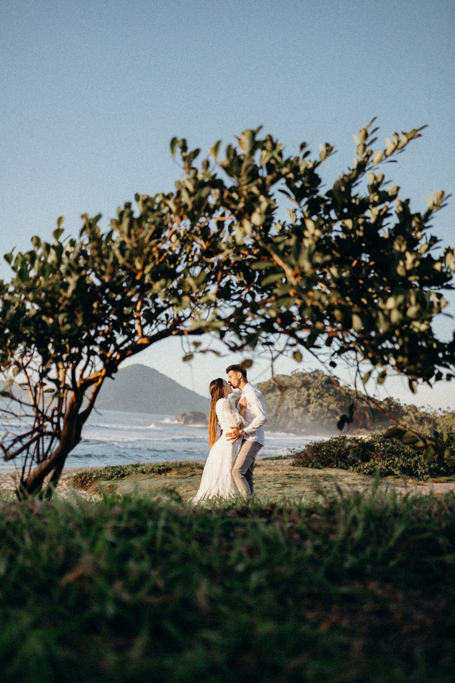 A couple embraces under an arching tree branch with ocean waves in the background.