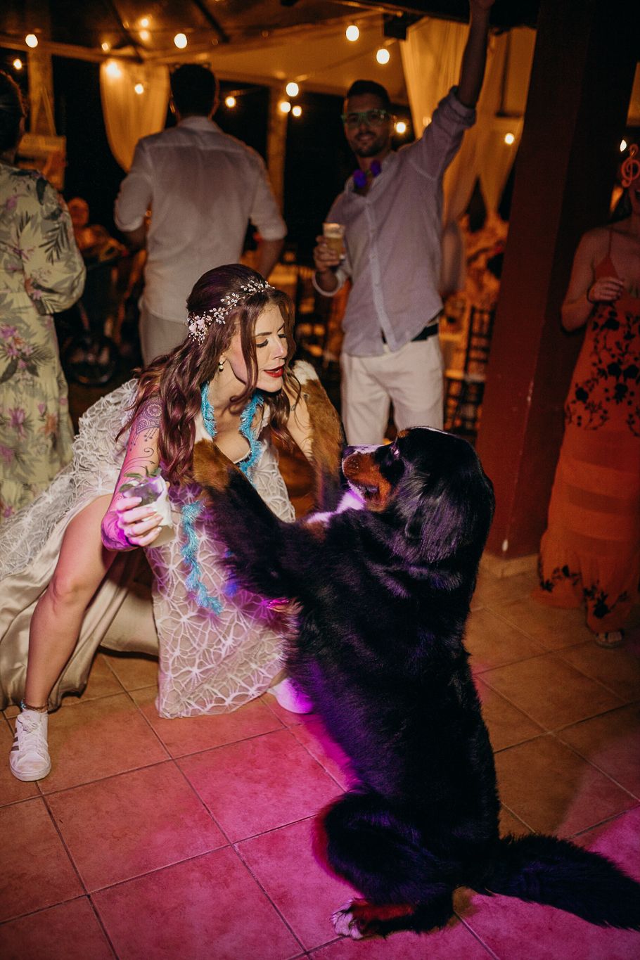 A fluffy black dog joins the dance floor celebration at a wedding reception with purple lighting.