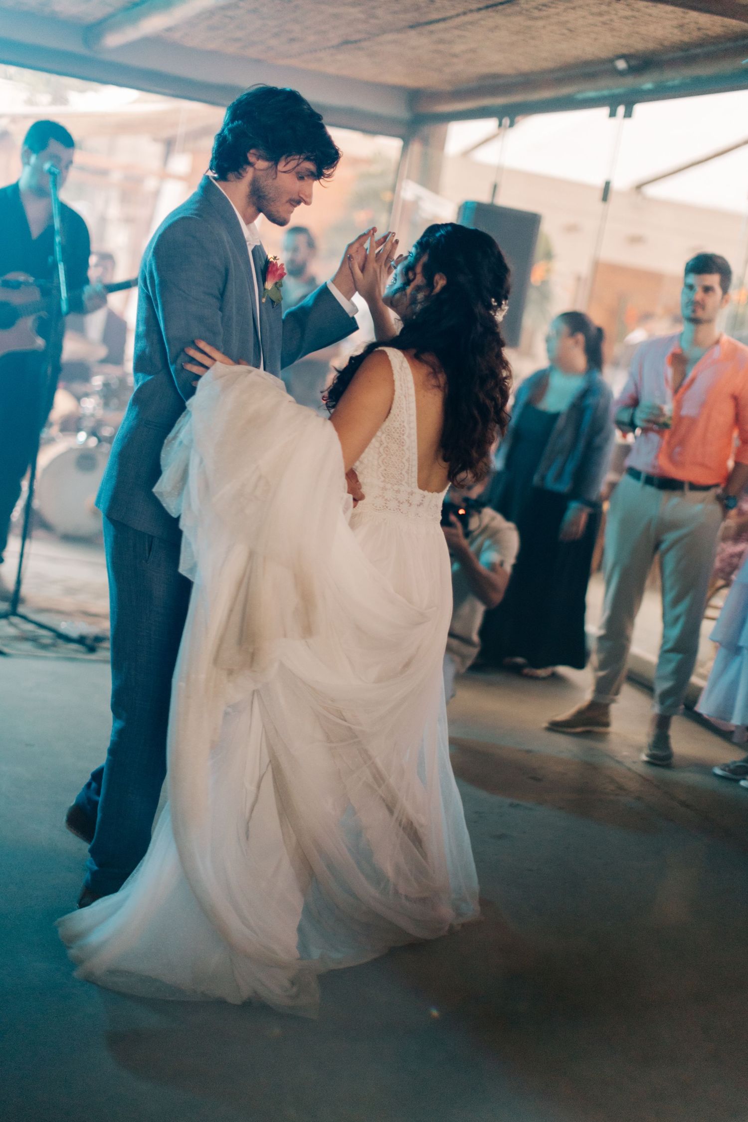 Wedding couple sharing an intimate dance moment during their reception.