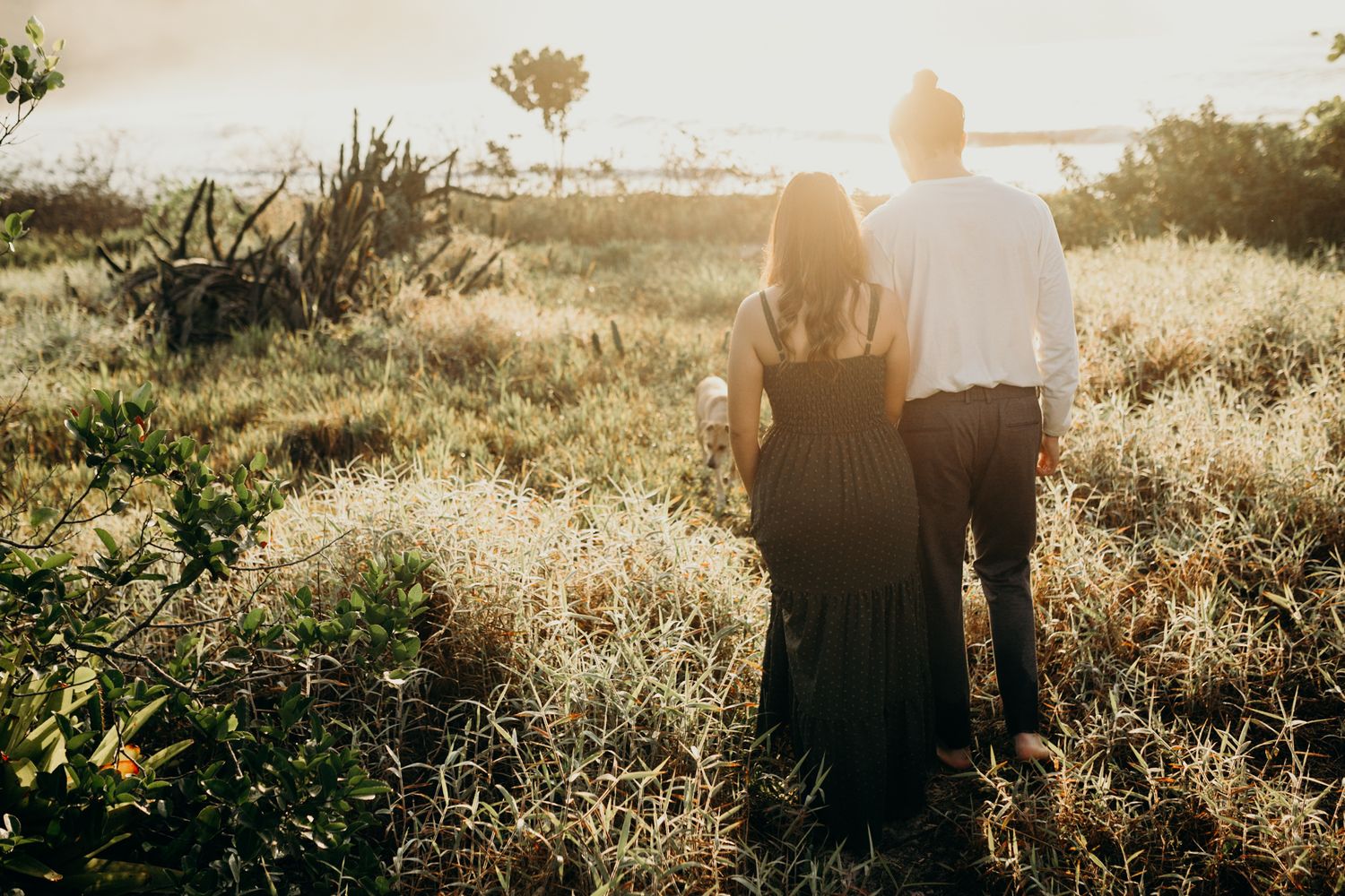 Silhouetted couple stands together in sunlit field at golden hour.