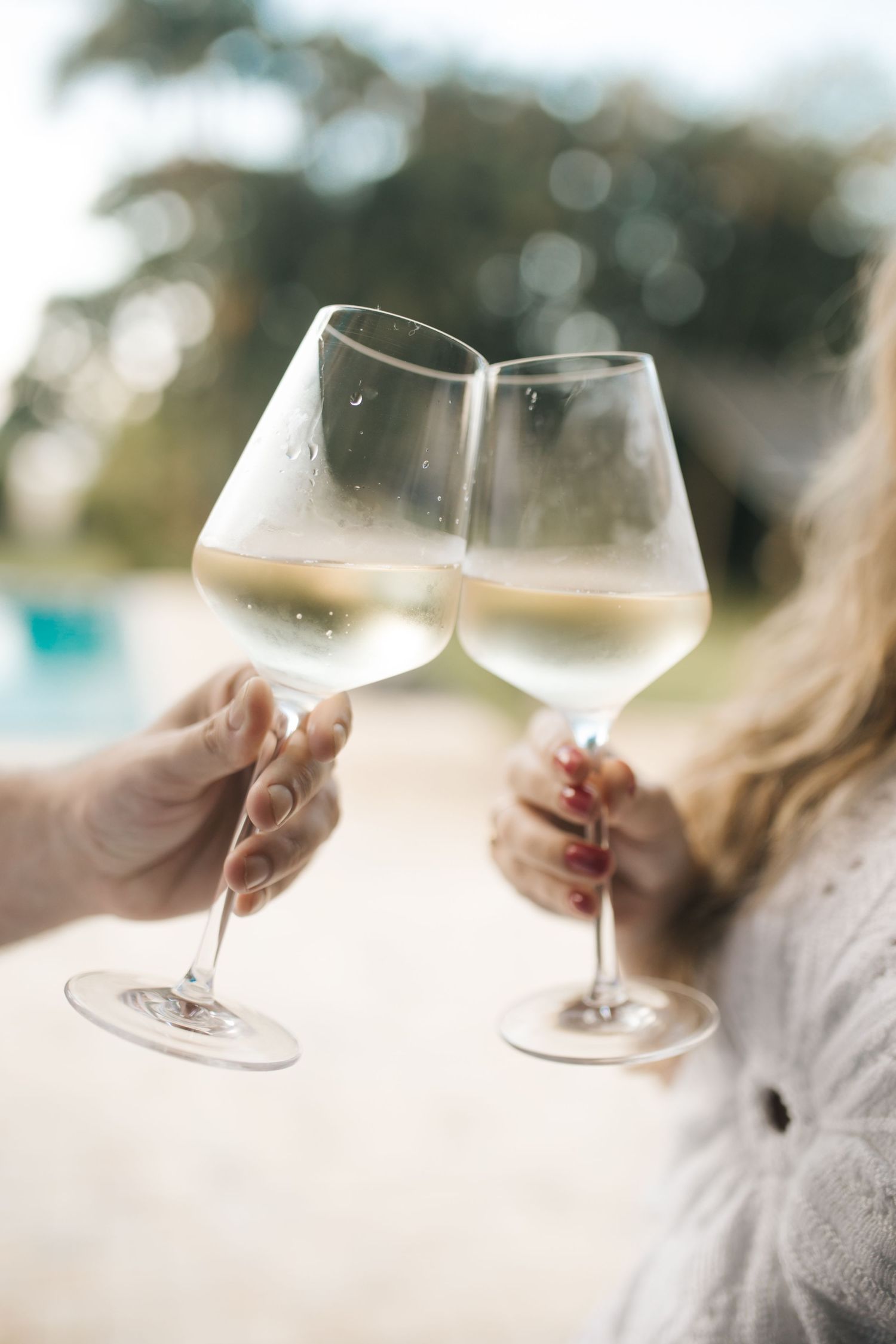 Two hands clink wine glasses together in a celebratory toast against a blurred outdoor background.
