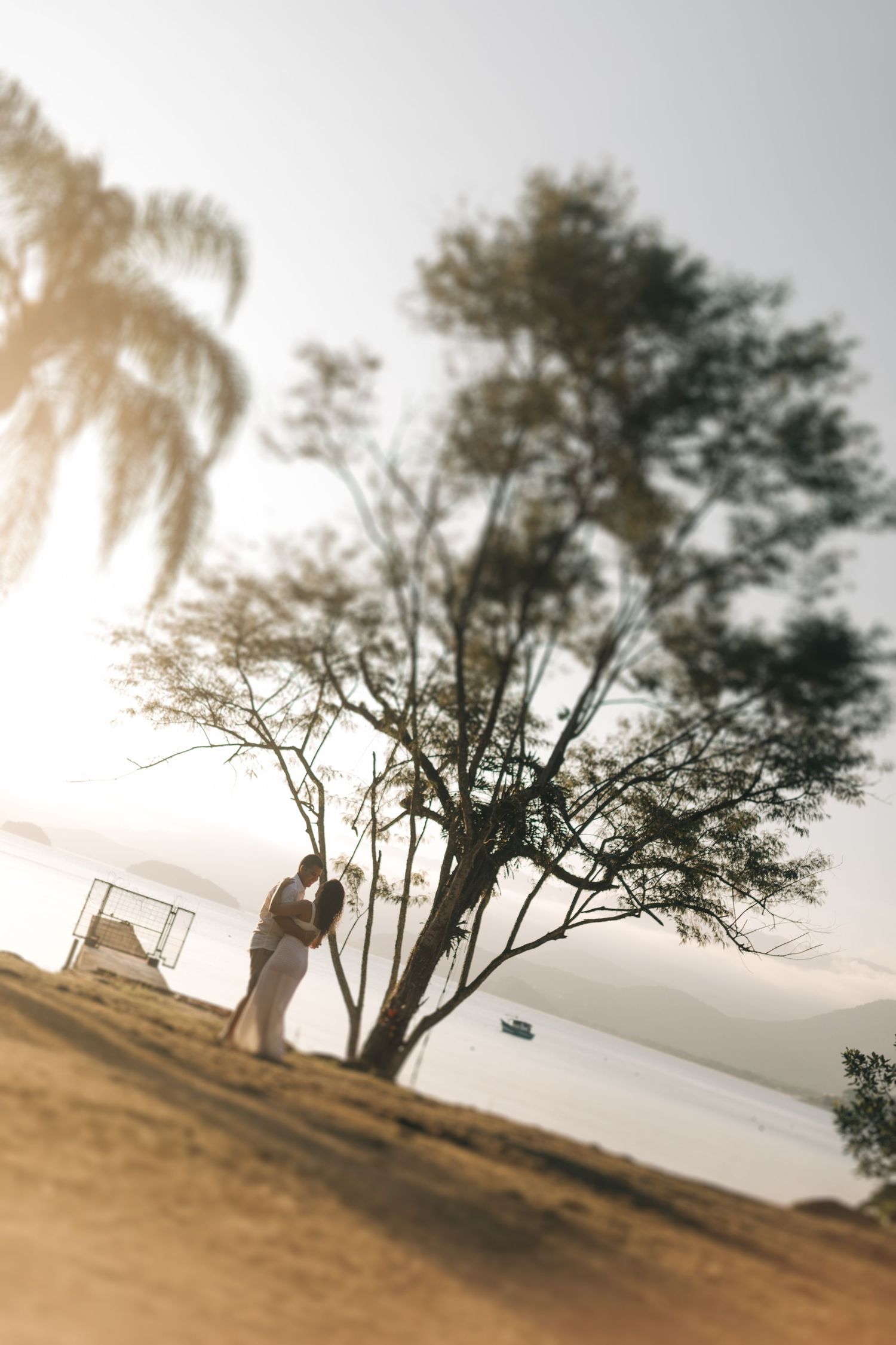 Artistic tilted angle photo of two people near a tree with water views in soft focus.
