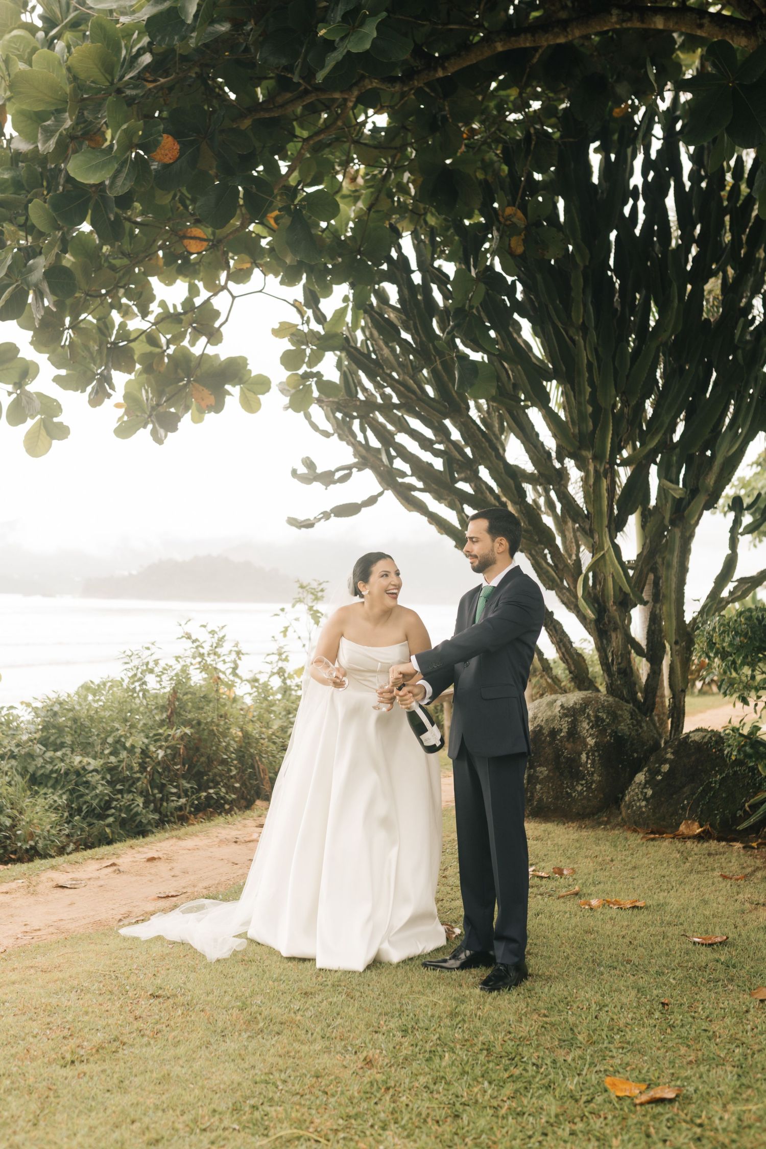 Newlyweds celebrate their wedding day under a majestic tree with an ocean backdrop.