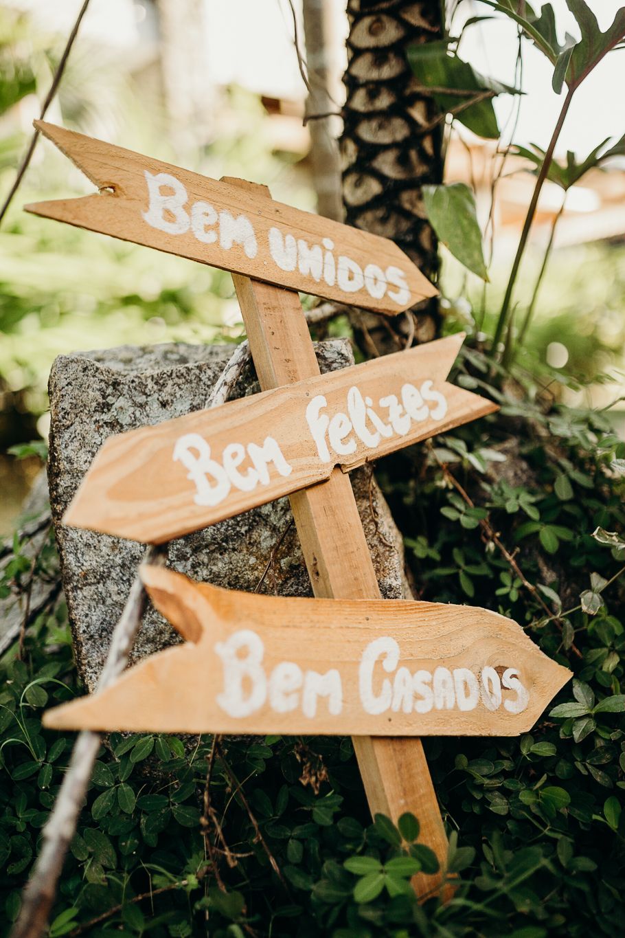 Wooden directional signs with Spanish text mounted on a rustic post amidst greenery.