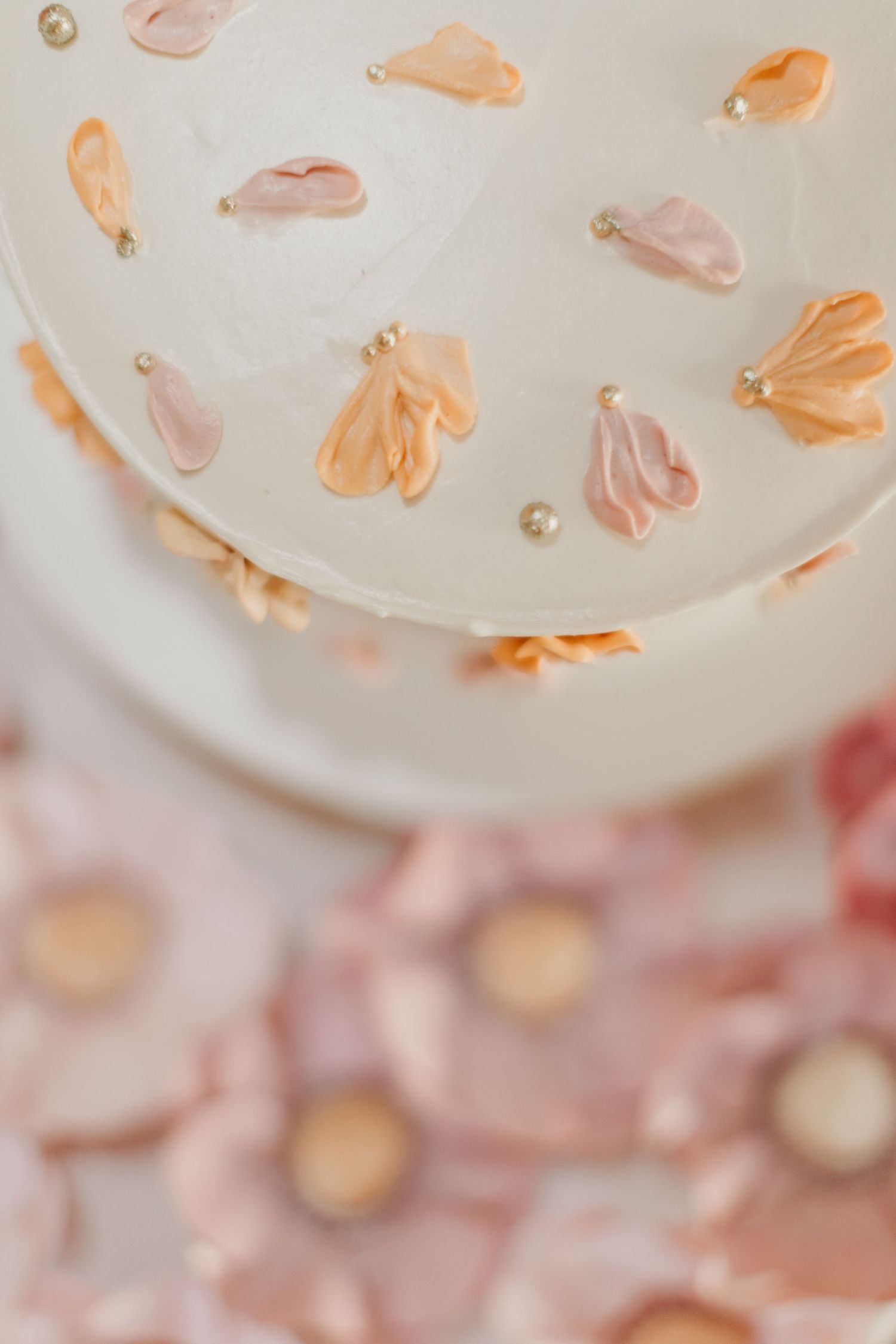 Close-up of white frosted cake with peachy pink floral decorations on surface.