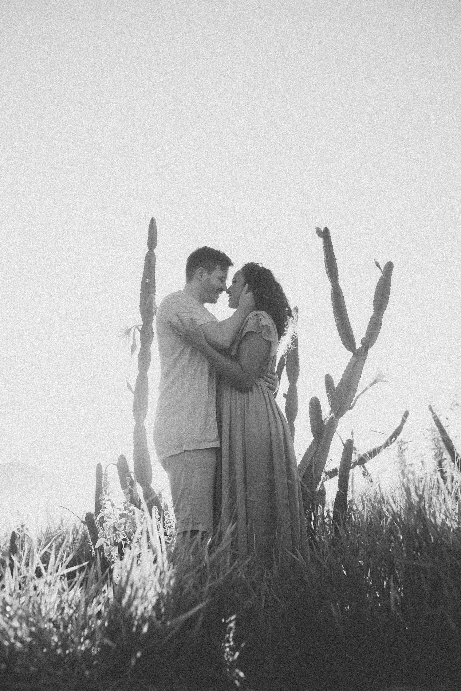 Silhouetted couple sharing an intimate moment against a bright sky and desert landscape.