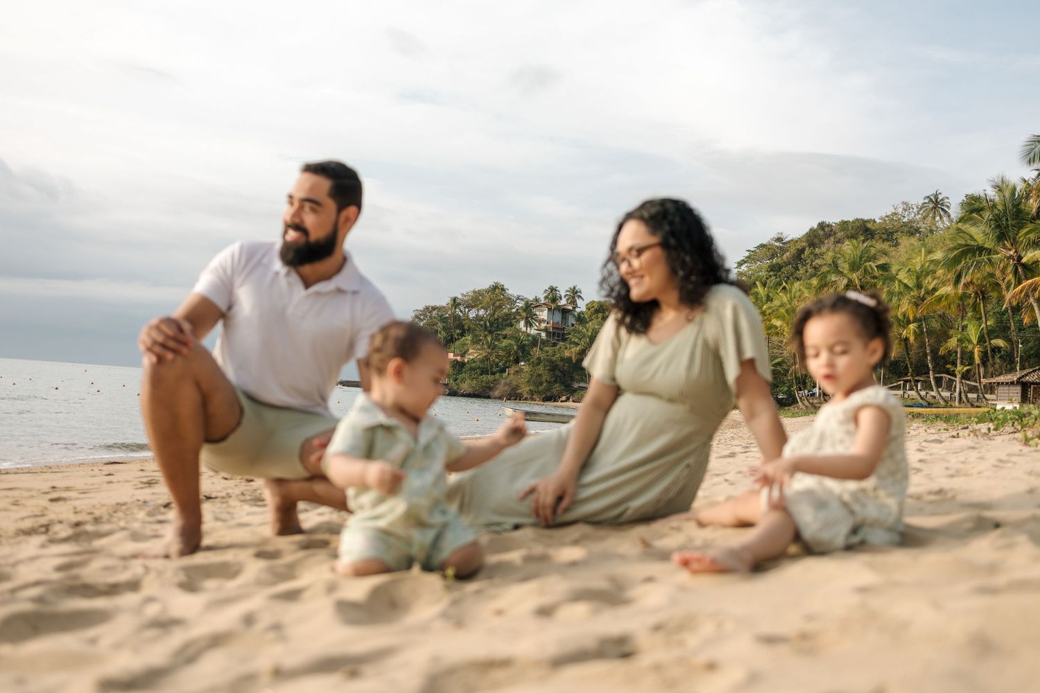 A series of casual beach photos showing people relaxing and lounging on sandy shores at sunset.