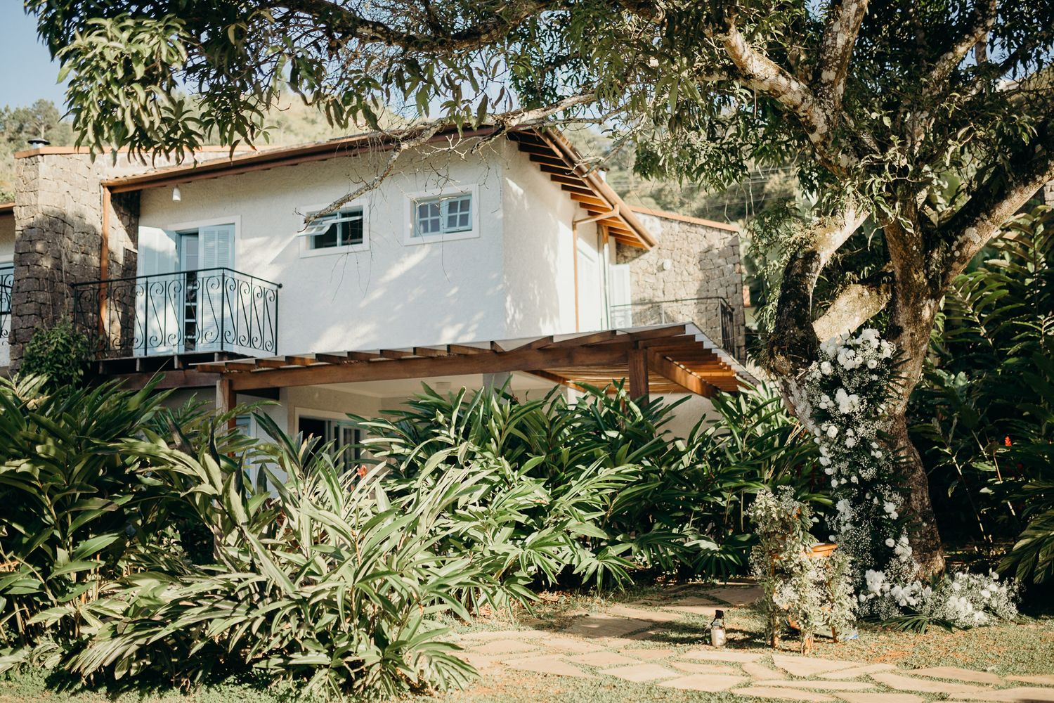 Exterior view of a modern building nestled among mature trees and landscaping.