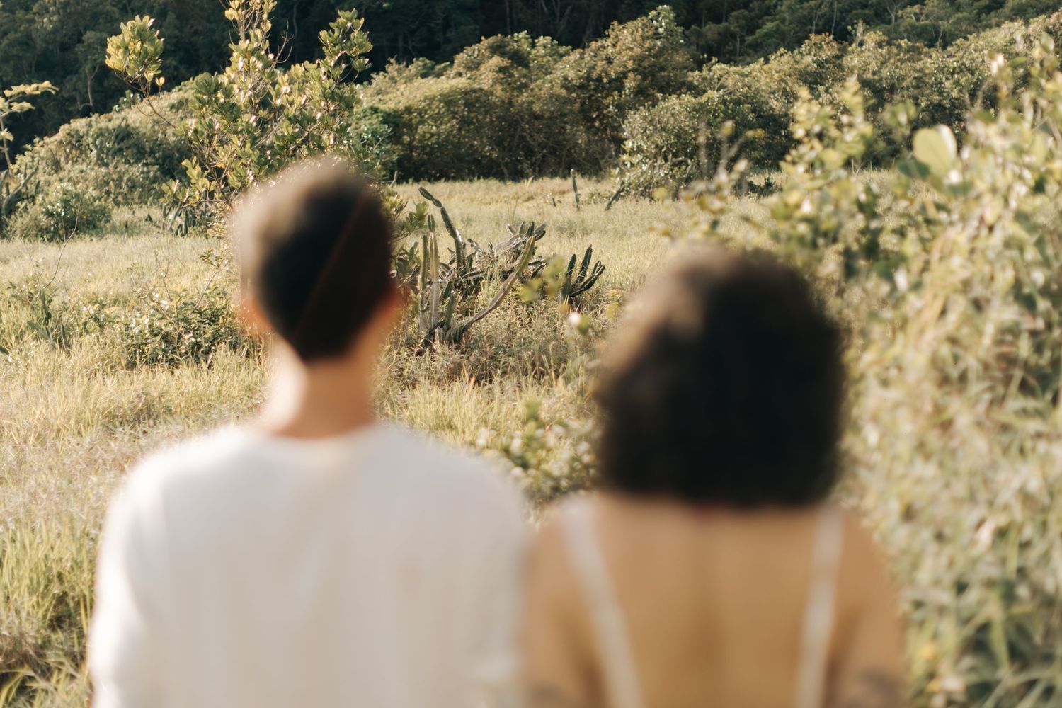 Back view of couple overlooking a scenic hillside covered in wildflowers.
