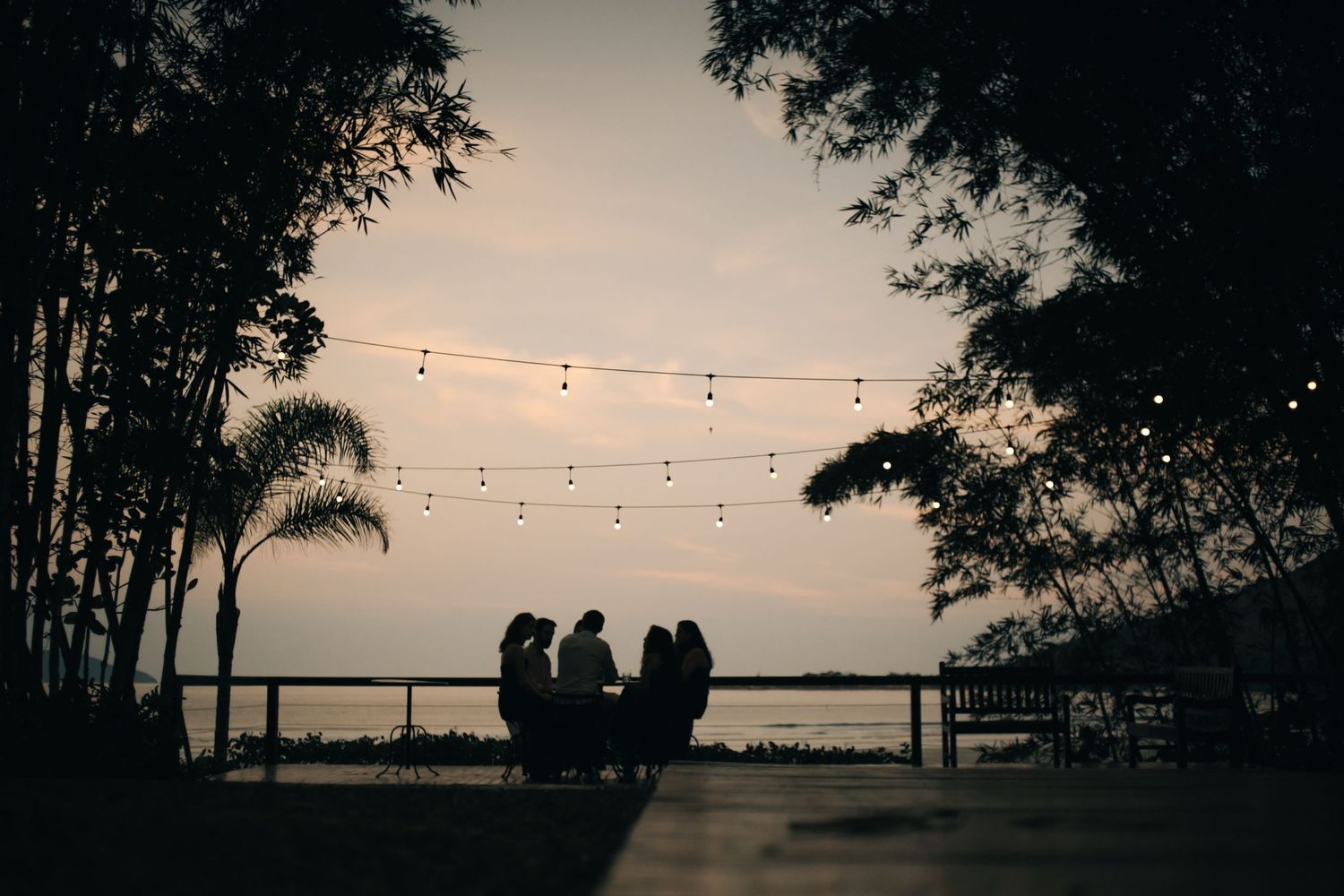 Silhouettes of people against a sunset sky with string lights and palm trees.